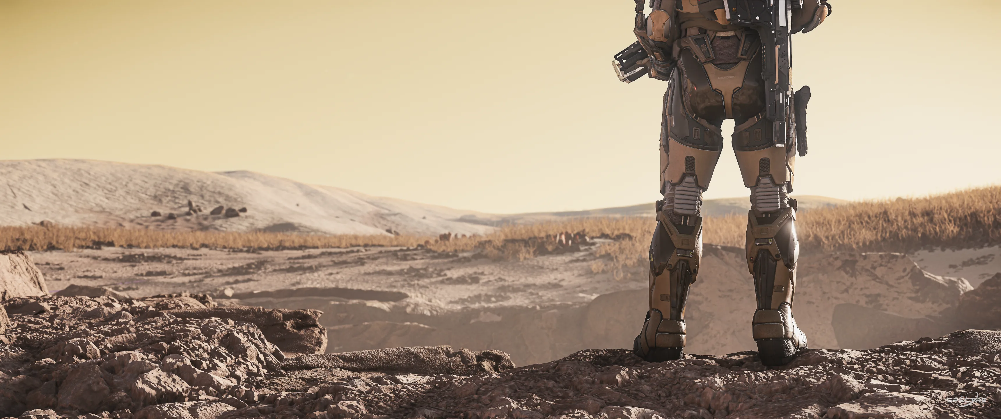 Star Citizen explorer standing on a rocky planetary landscape