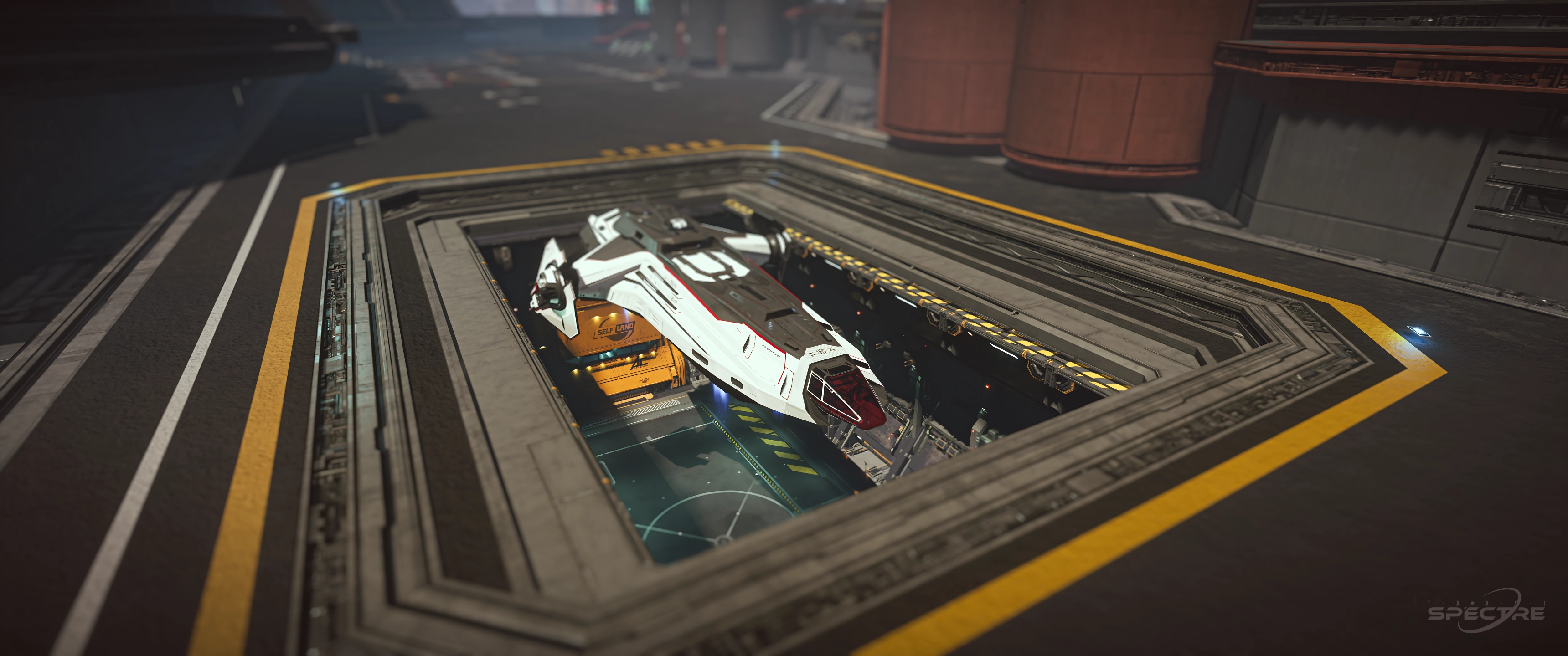 Star Citizen ship leaving a hangar