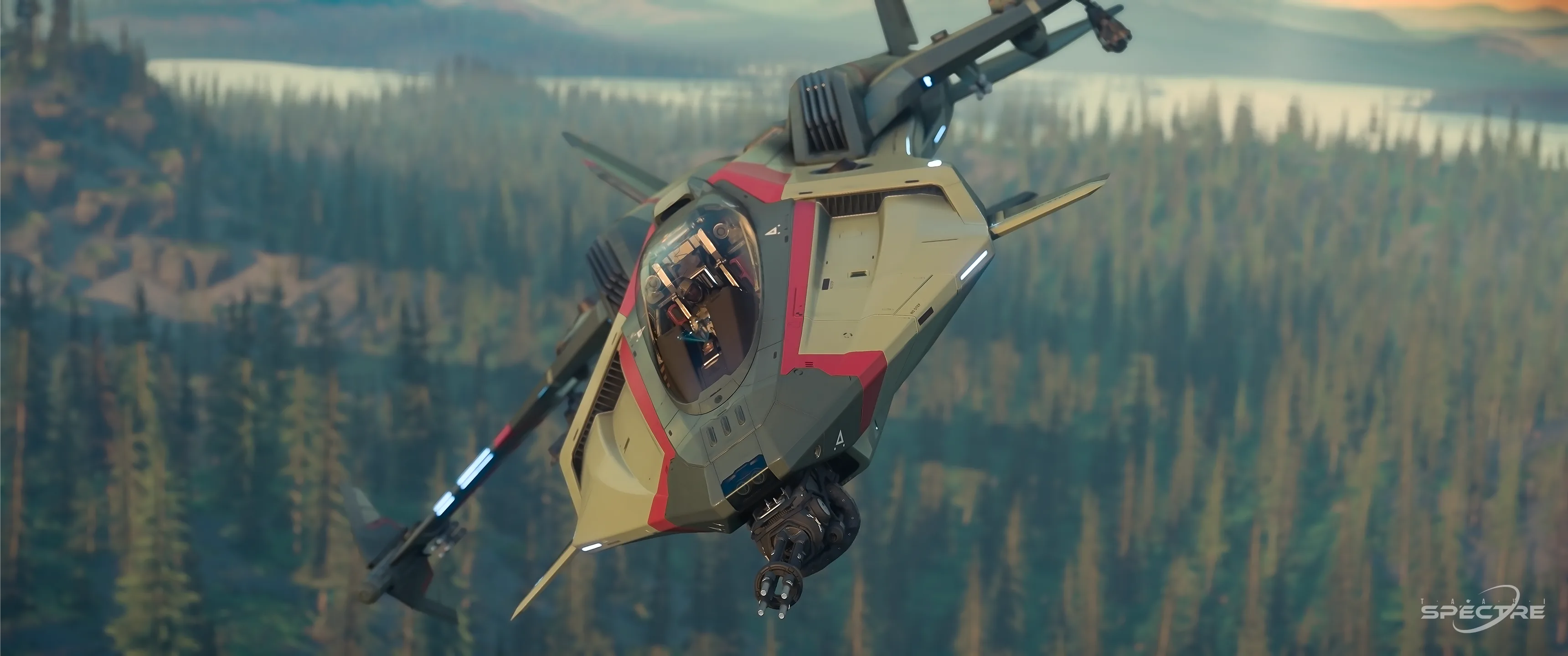 Star Citizen Director Mode screenshot of a Gladius fighter with a cinematic camera angle over a forest landscape