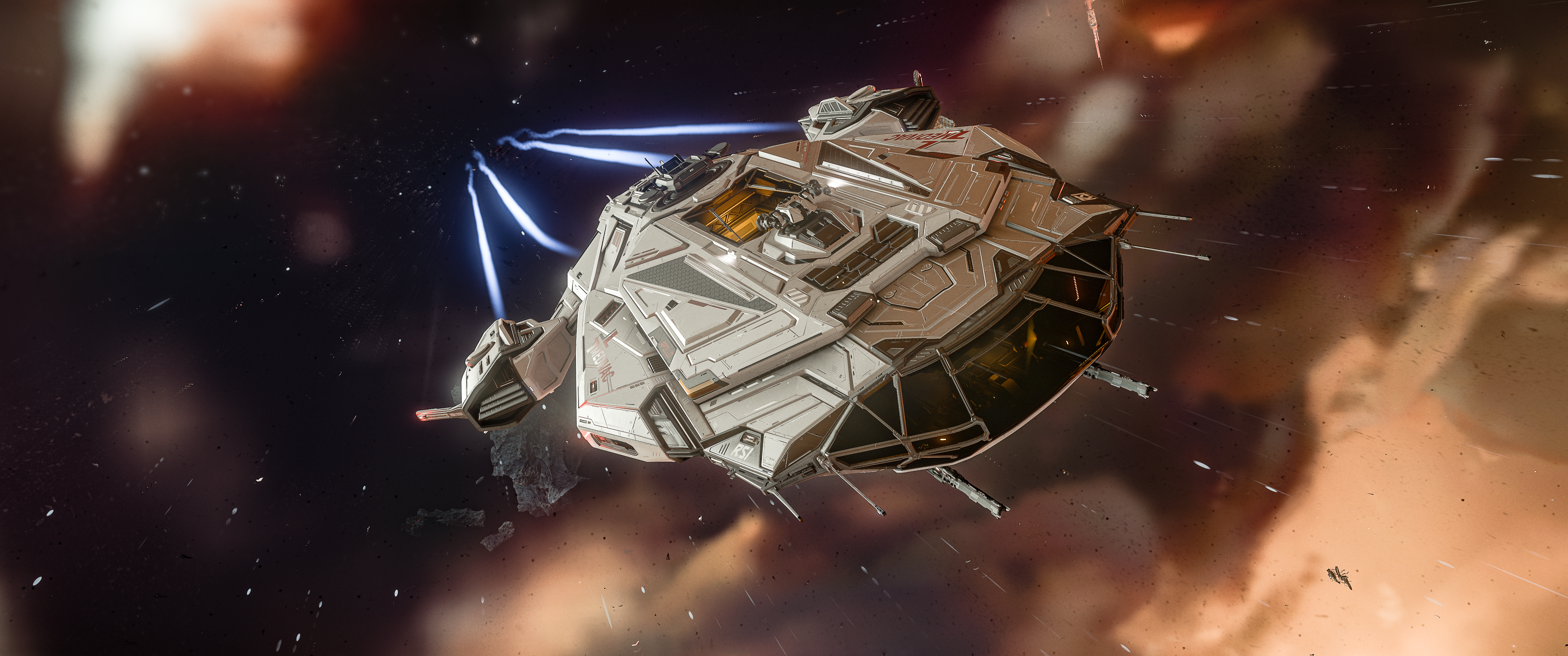 The RSI Apollo Medivac flying through a rough asteroid field. The image has an artistic comic style