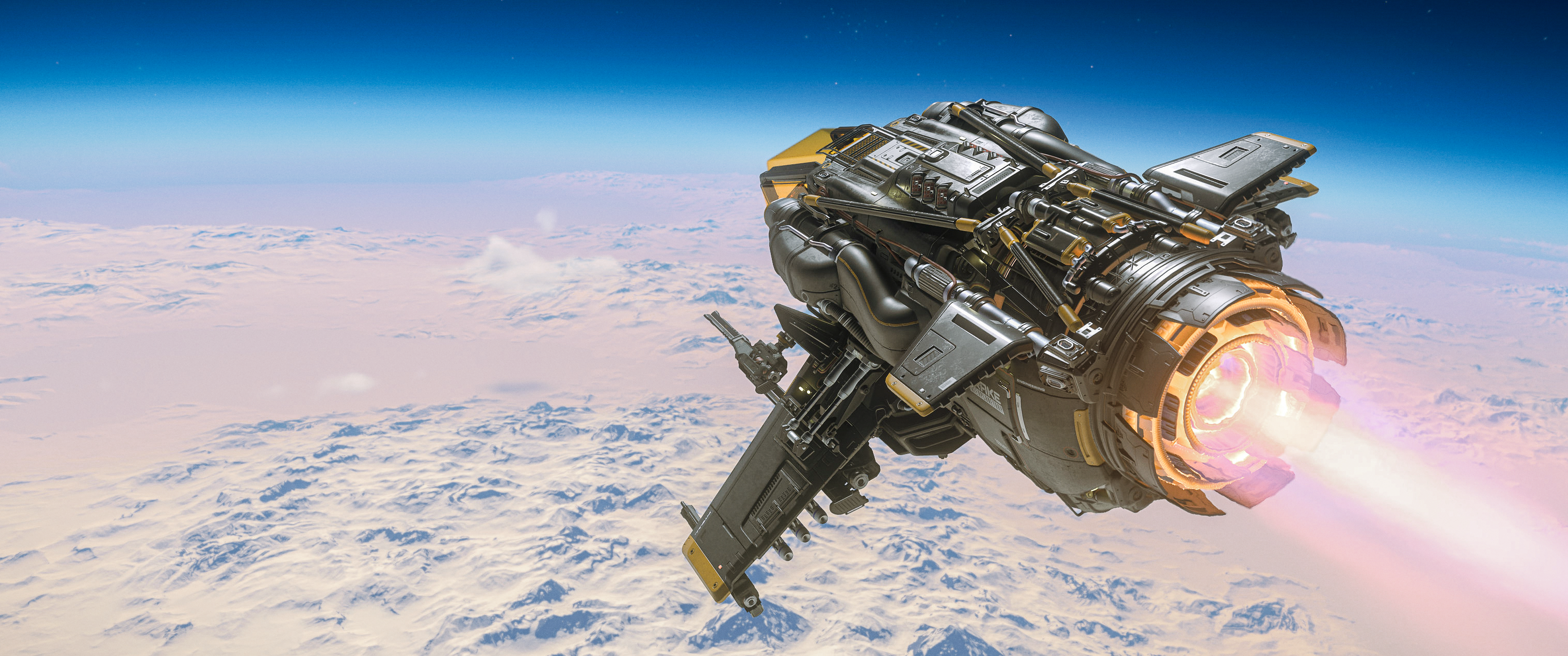 The Drake Interplanetary Pitbull Snub fighter speeding above the surfaces of mixrotech