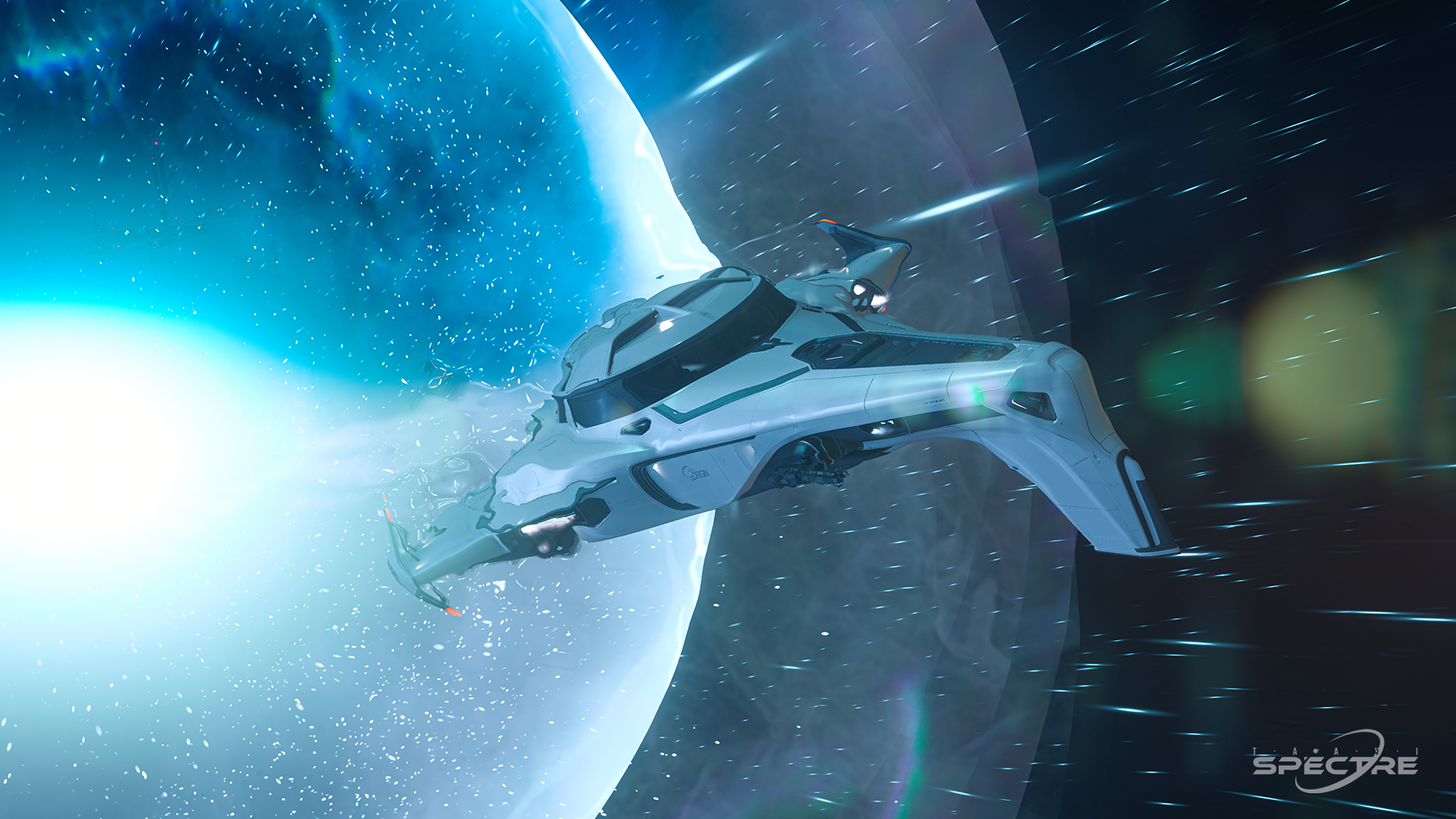 Aegis Eclipse stealth bomber in Meridian paint flying above clouds in Star Citizen