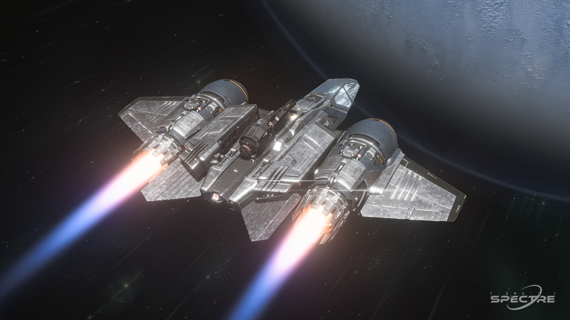 Aegis Avenger Titan flying in space showing its all-rounder design and hull details in Star Citizen