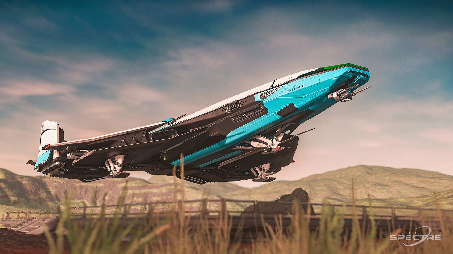 Aegis Gladius light fighter in Deck the Hull paint parked on a landing pad with open cockpit at sunset in Star Citizen