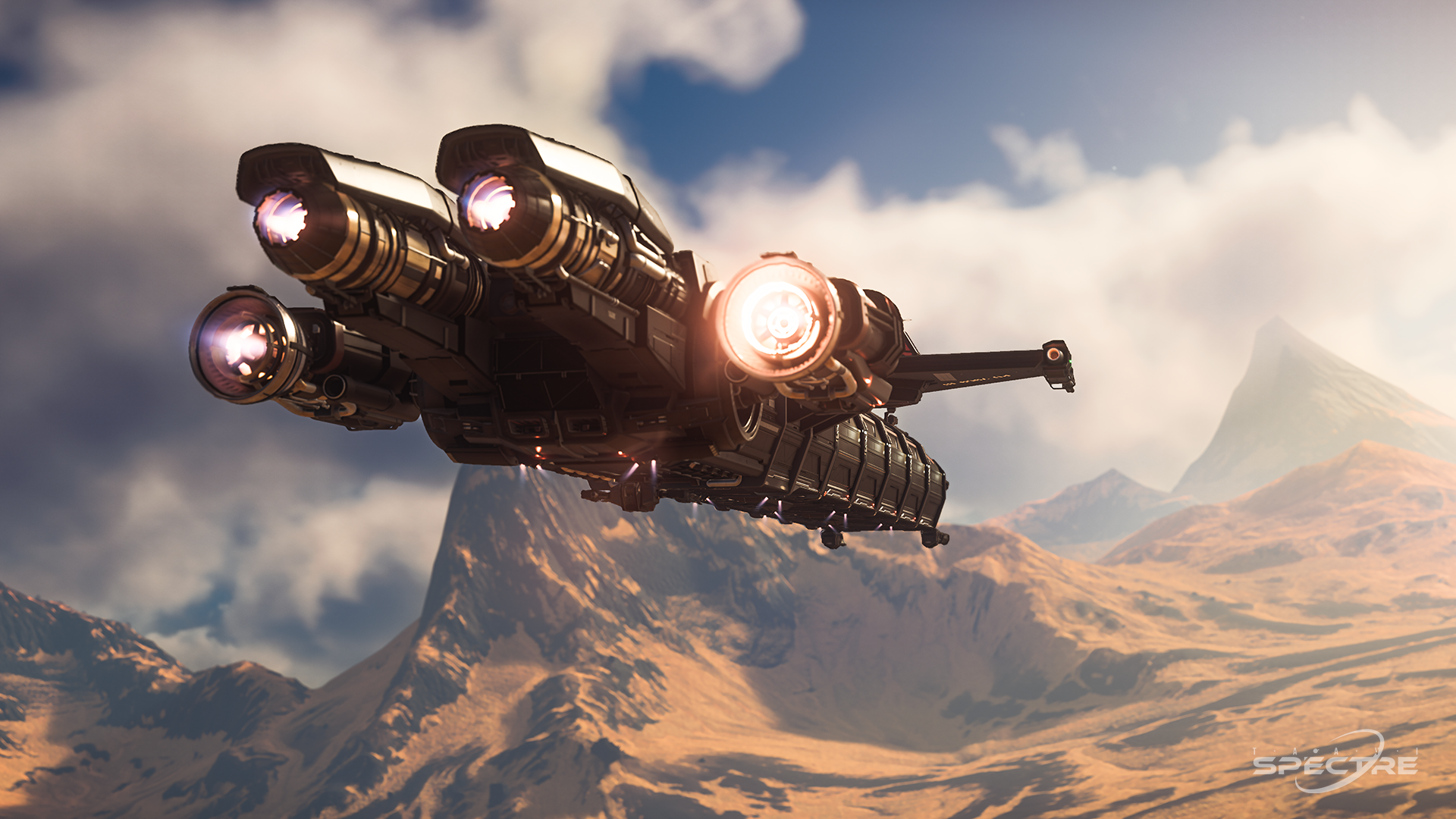 Aegis Eclipse stealth bomber in Meridian paint flying above clouds in Star Citizen