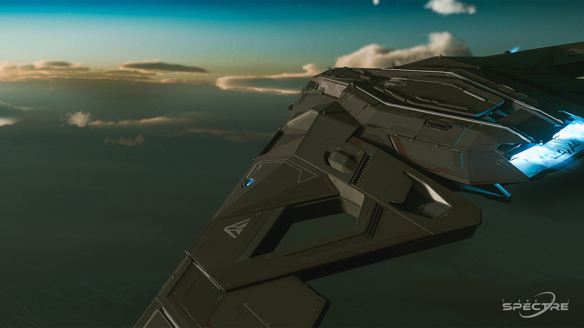 Aegis Eclipse stealth bomber in standard black paint flying at night above clouds in Star Citizen
