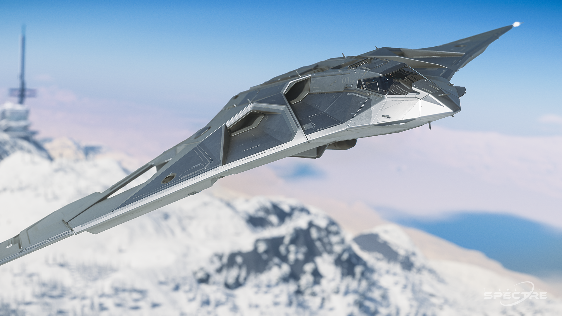 Aegis Eclipse stealth bomber in Meridian paint flying above mountainous terrain in Star Citizen