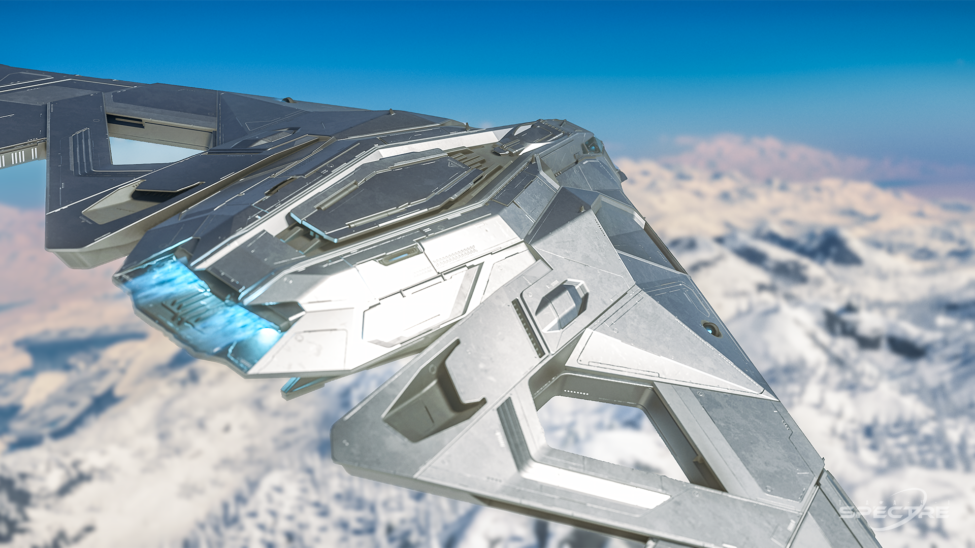 Aegis Eclipse stealth bomber in Meridian paint flying above clouds in Star Citizen