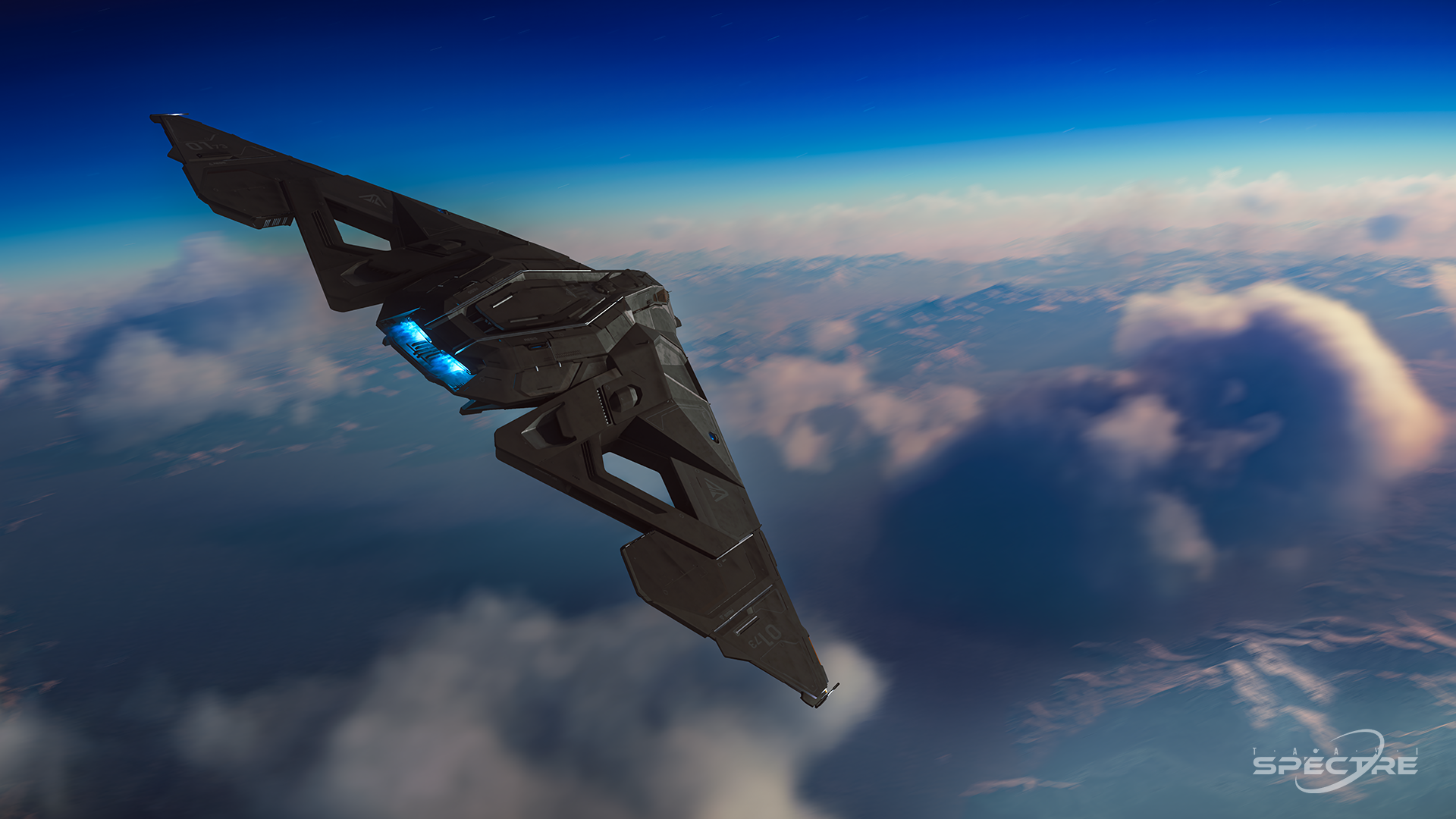 Aegis Eclipse stealth bomber in standard black paint flying above clouds at sunset in Star Citizen