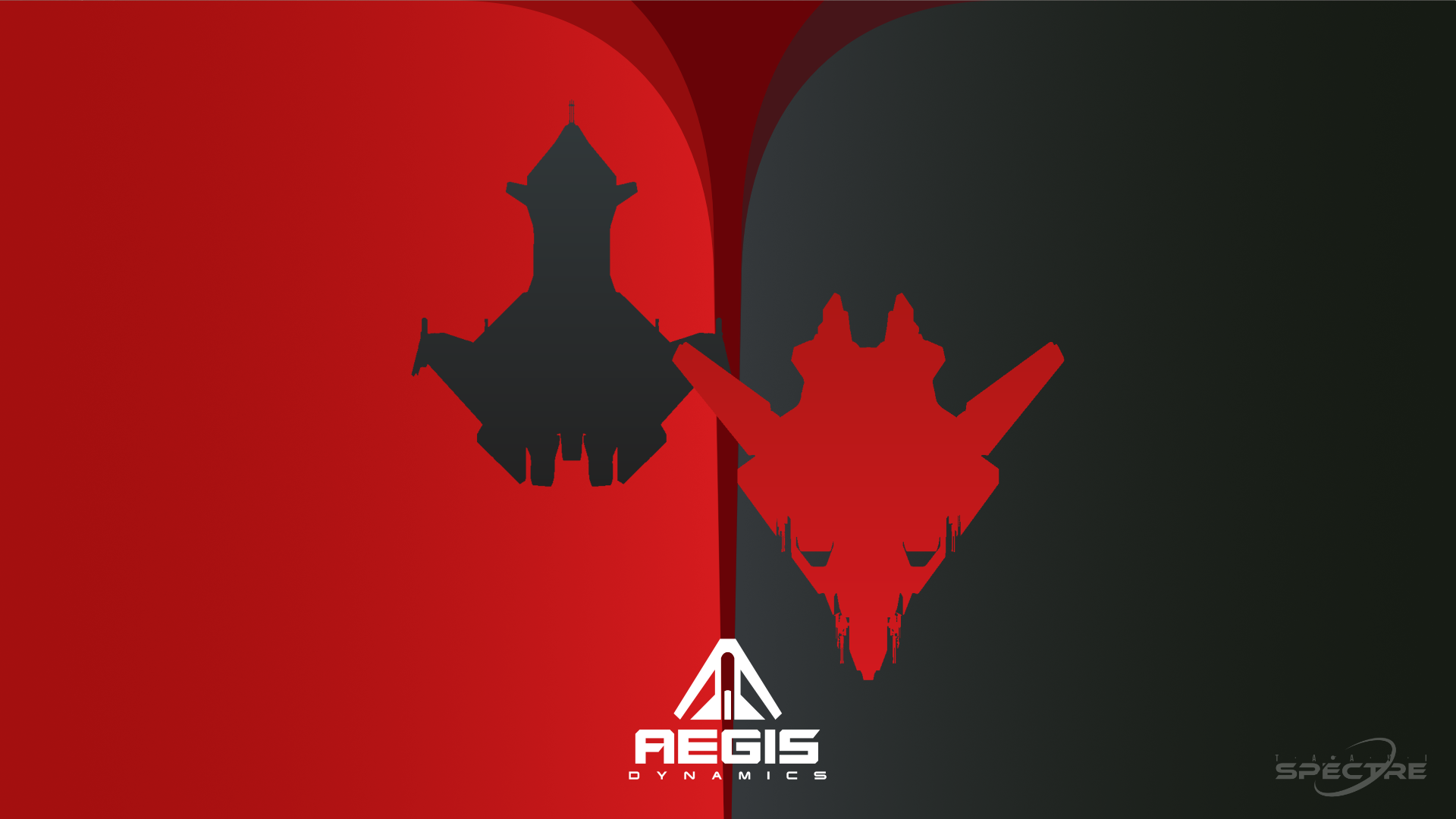 Star Citizen fanart showing Aegis Gladius and Aegis Sabre silhouettes facing off in red and black, centered around the Aegis Dynamics logo.