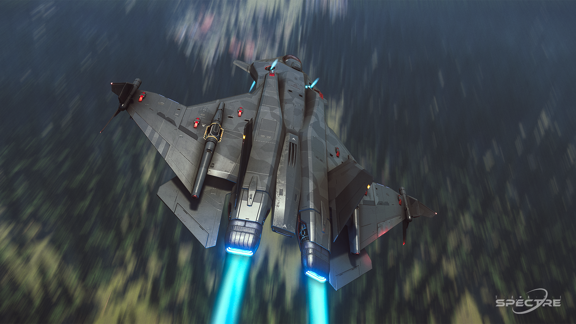 Top-down view of an Aegis Gladius in Nightbreak paint performing a low-altitude attack run in Star Citizen