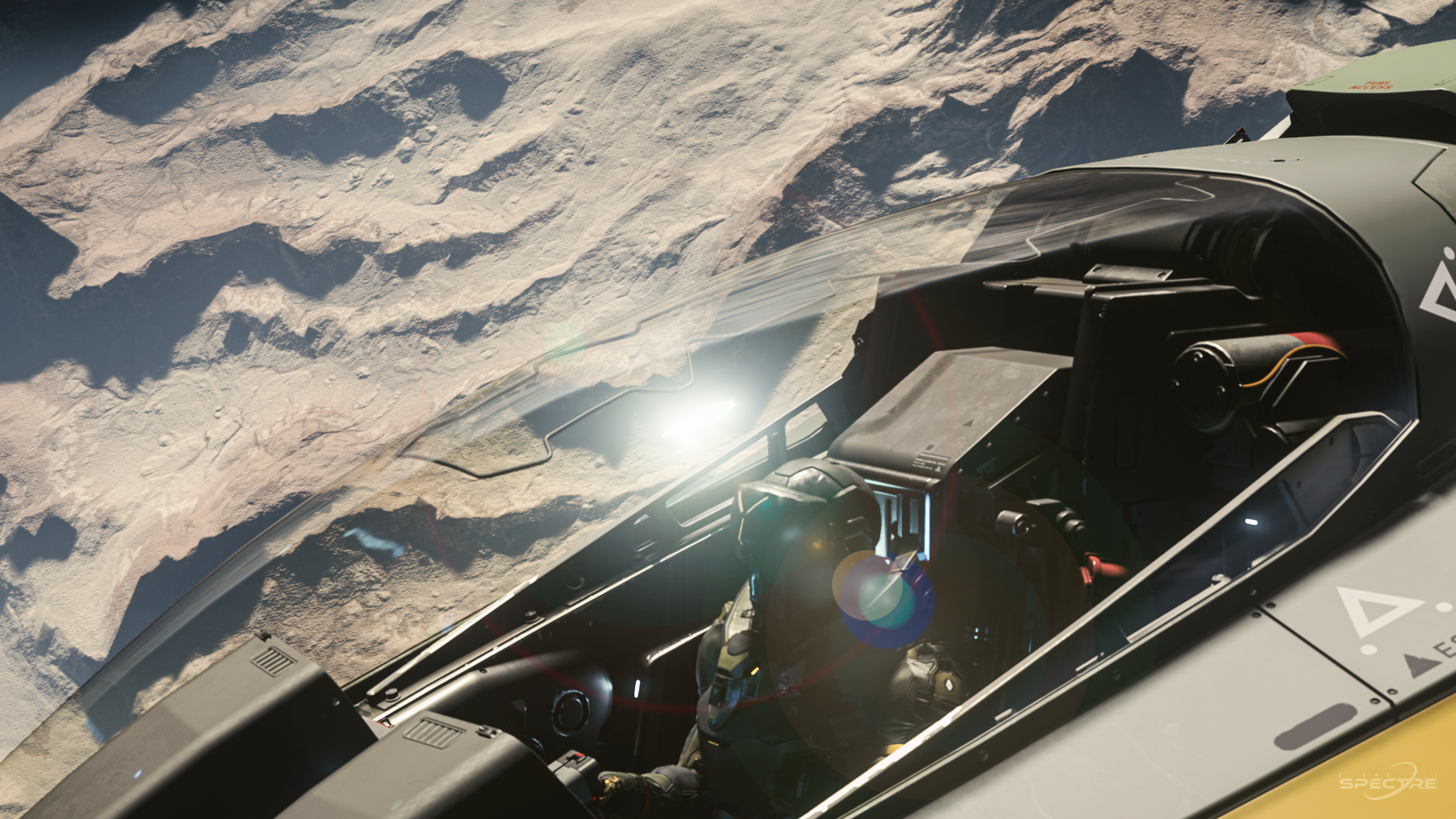 Pilot inside an Aegis Gladius cockpit in Star Citizen, captured from above with dramatic lighting and planetary terrain visible through the canopy.