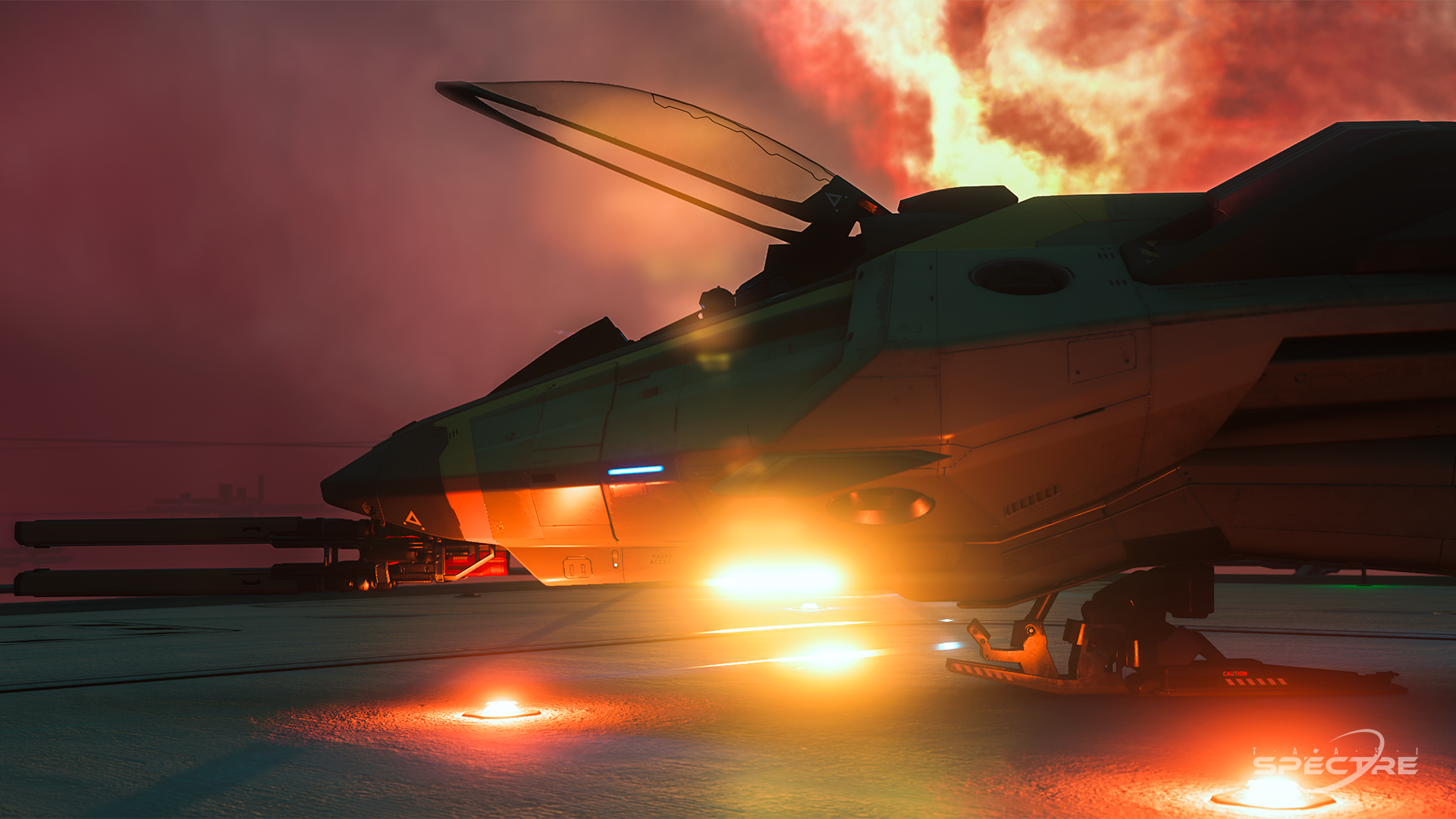 Cockpit view from inside an Aegis Gladius during sunset in Star Citizen, with warm light illuminating the canopy and controls