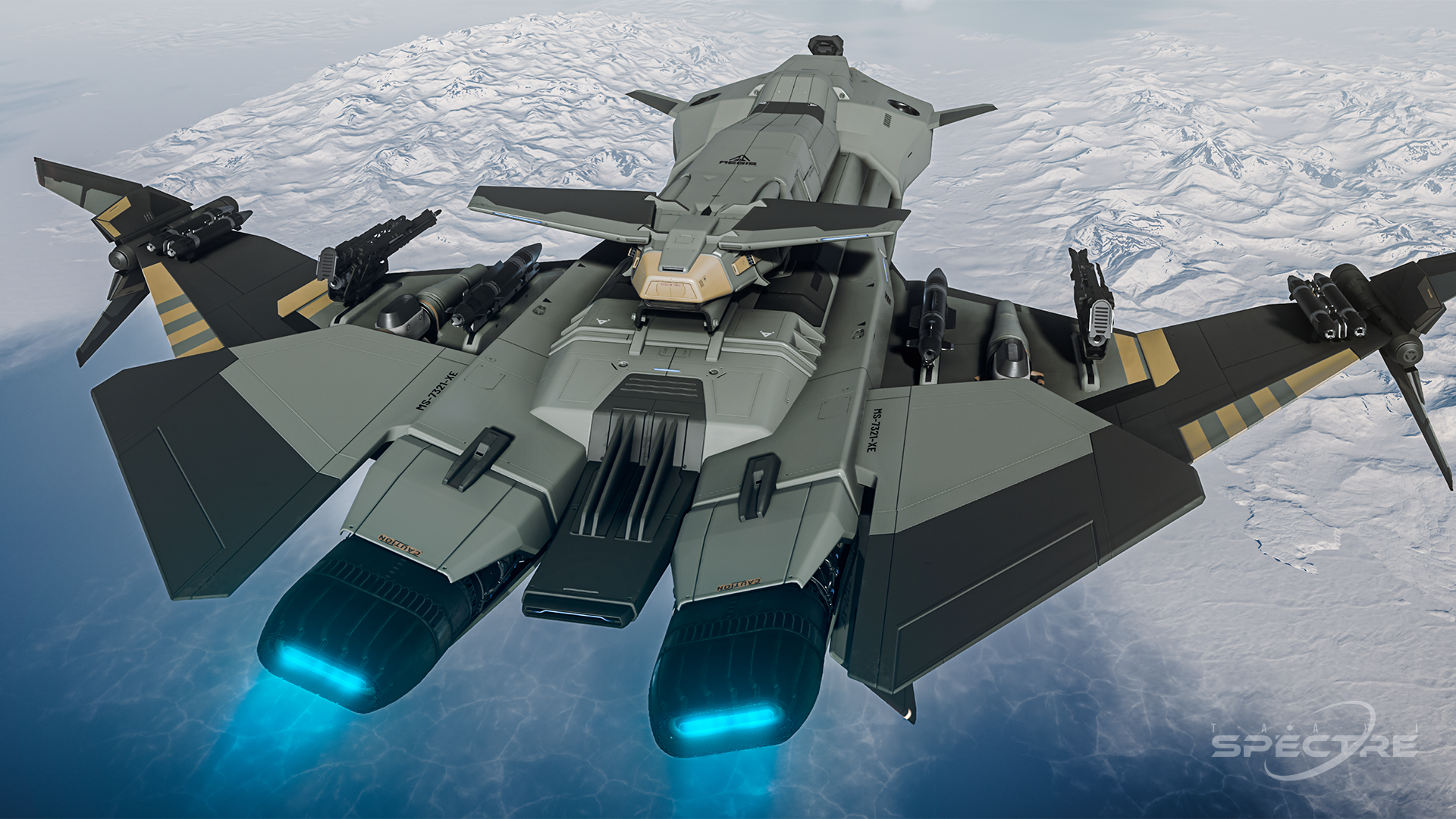 Rear view of an Aegis Gladius in standard paint flying inverted above an icy planetary surface in Star Citizen