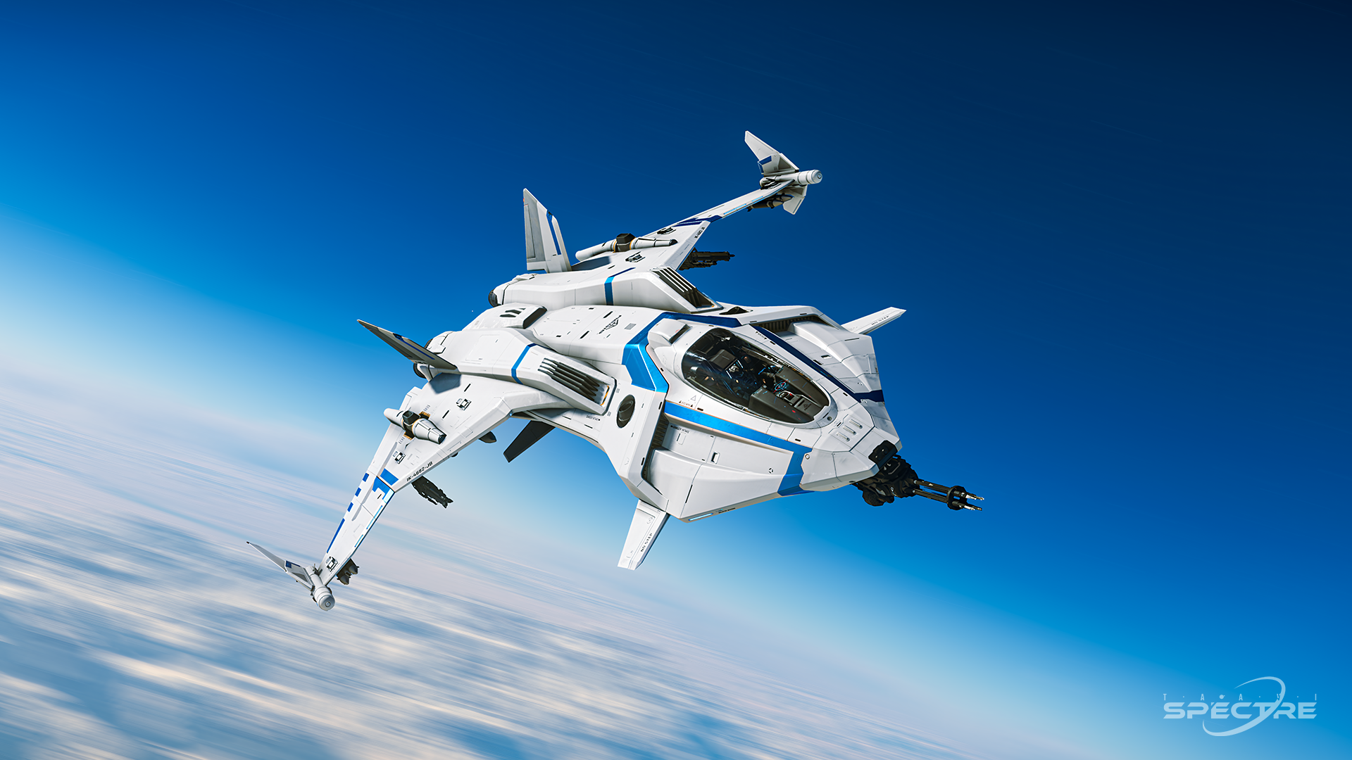 Aegis Gladius in Icebreaker paint flying above cloud layers in Star Citizen, captured in a clean three-quarter view against a deep blue sky.