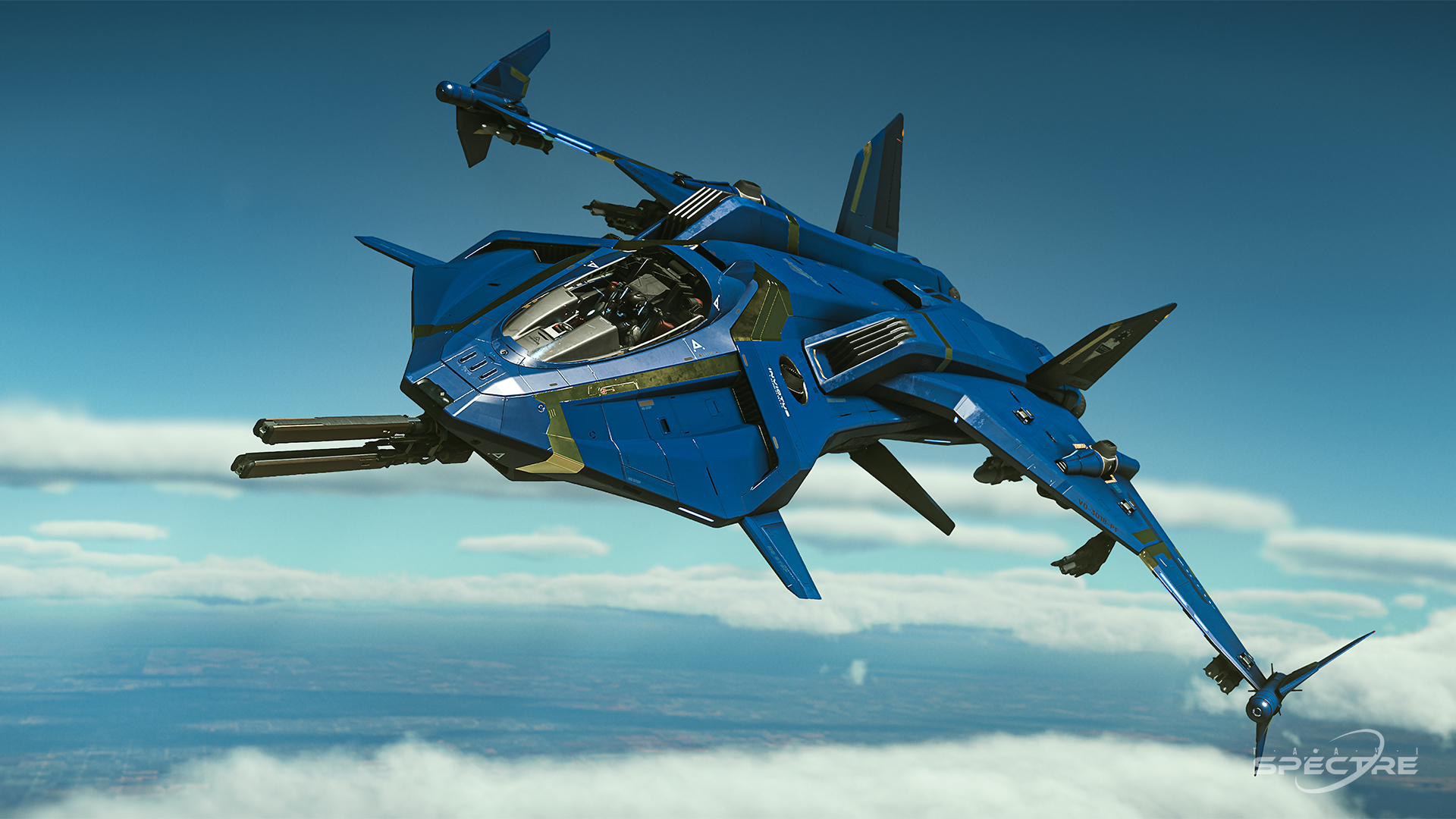 Aegis Gladius in Invictus Blue and Gold paint flying above cloud layers in Star Citizen, captured in a dynamic three-quarter aerial view.