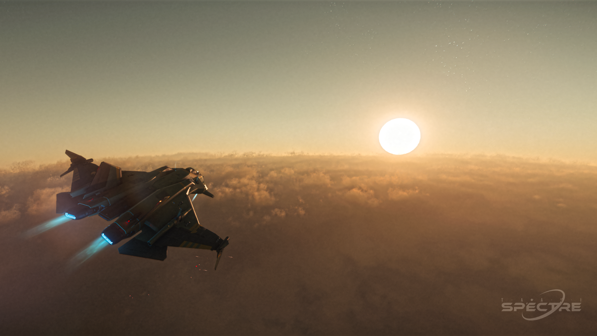 Aegis Gladius flying above dense cloud layers toward a low sun in Star Citizen, captured in a wide cinematic rear perspective.