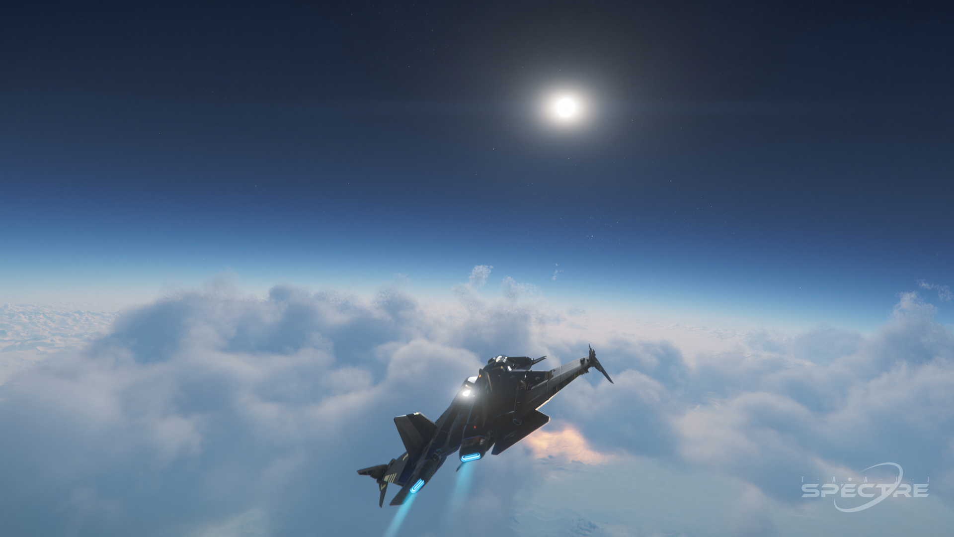 Aegis Gladius climbing above soft cloud layers toward a bright morning sky in Star Citizen, captured from a wide rear perspective.