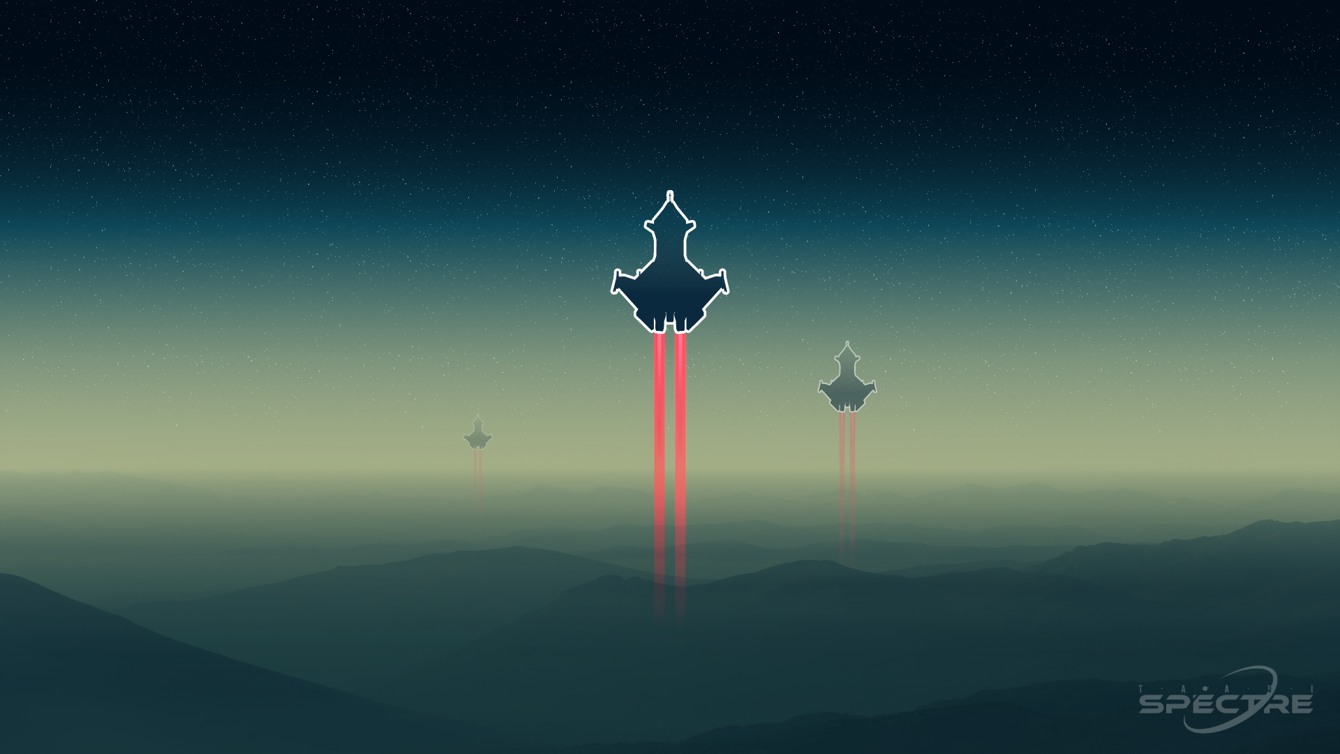 Stylized fanart of an Aegis Gladius lifting off in Star Citizen, shown as glowing silhouettes with red exhaust trails above layered mountain fog.