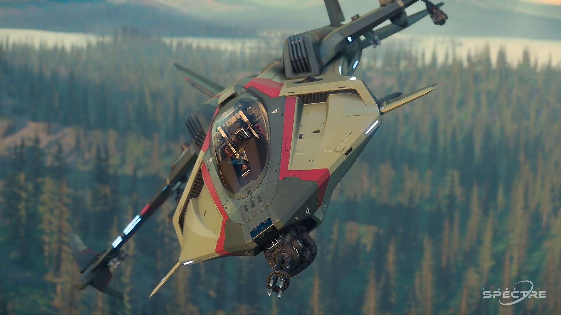 Aegis Gladius light fighter in Deck the Hull paint flying at low altitude in Star Citizen