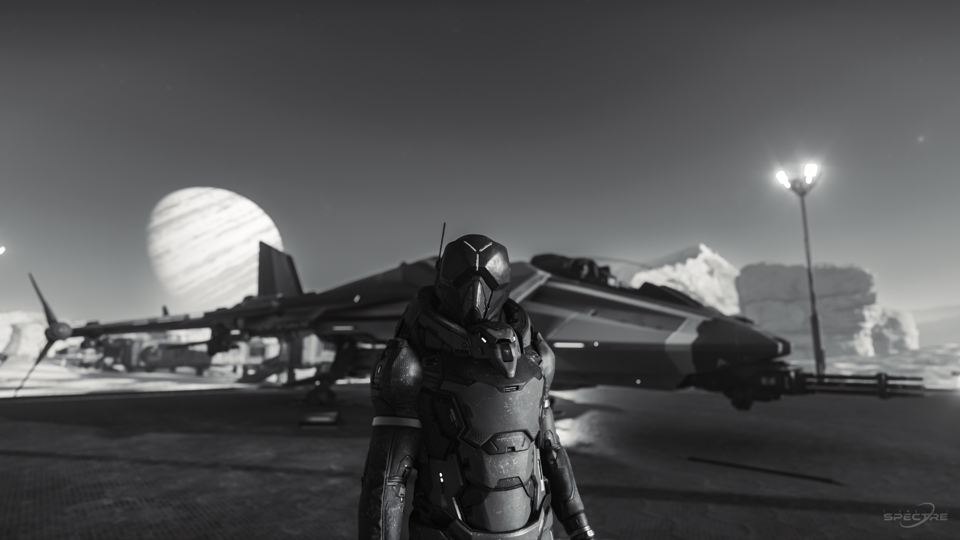 Armored pilot standing on a landing pad in front of an Aegis Gladius at night in Star Citizen, with a bright moon and station lights behind.