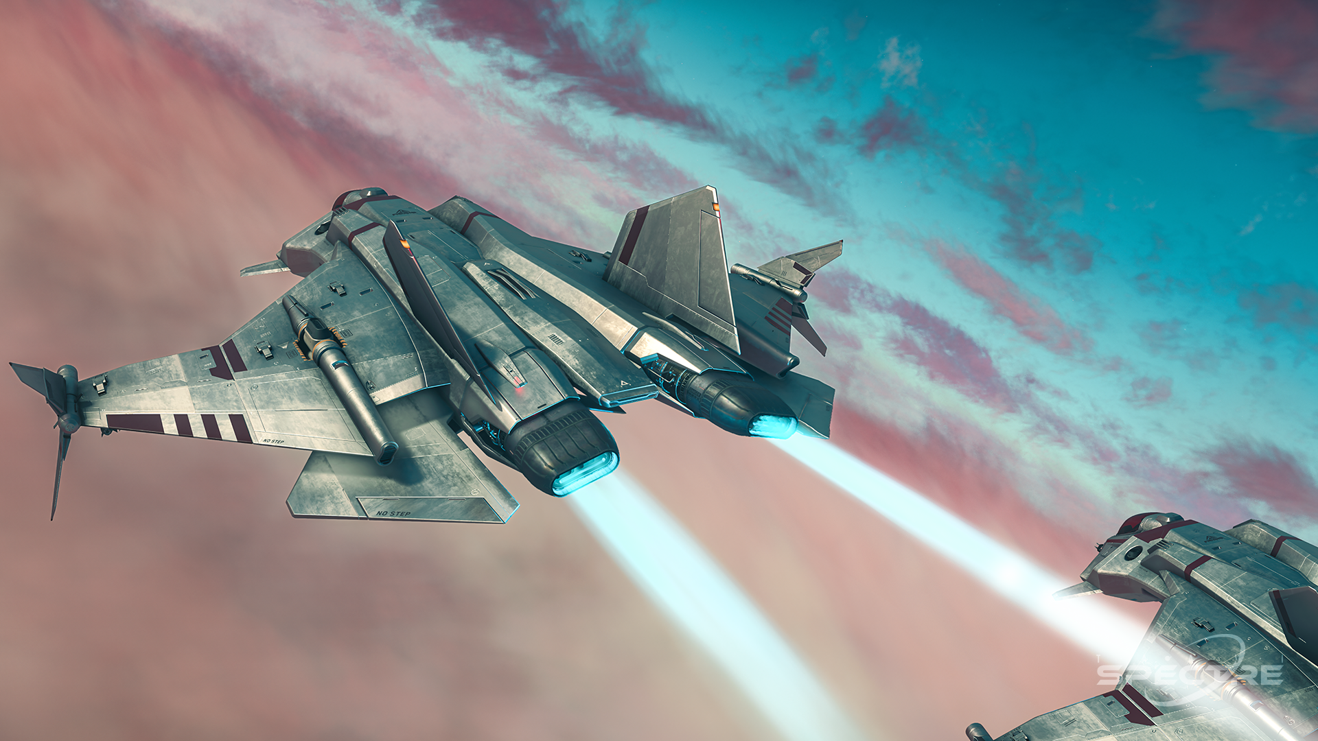 Two Aegis Gladius fighters in Solar Winds paint flying in formation above Orison’s clouds in Star Citizen, with engine trails cutting through pastel skies.