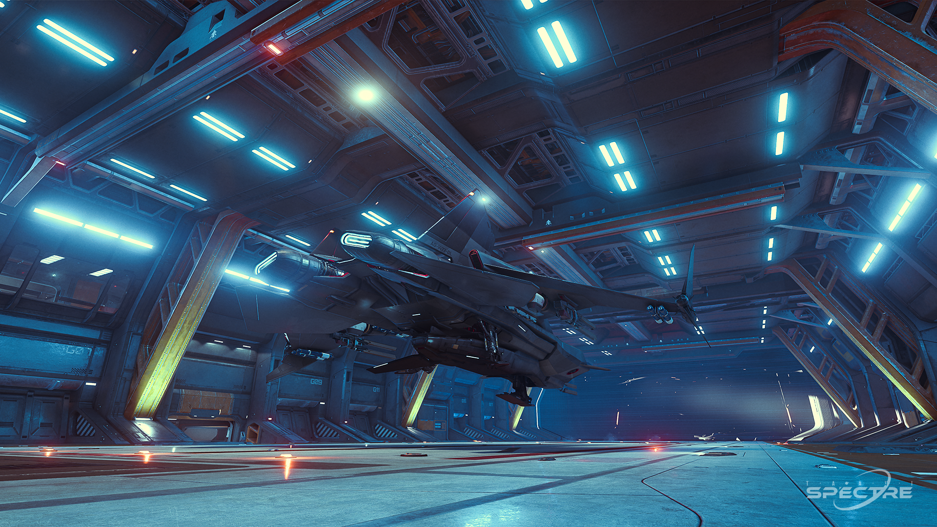 Aegis Gladius in Nightbreak paint hovering inside an idris hangar in Star Citizen, framed by blue ceiling lights and industrial architecture.