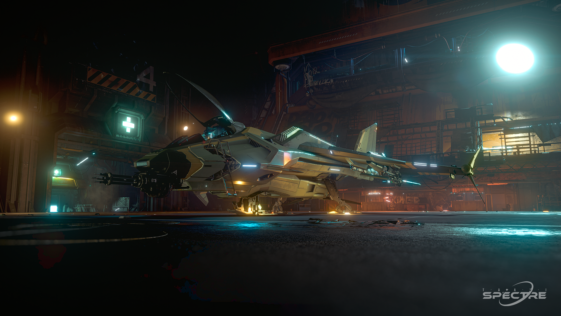 Star Citizen Aegis Gladius parked in a Pyro hangar under industrial lighting, shown in standard paint during preflight preparation.