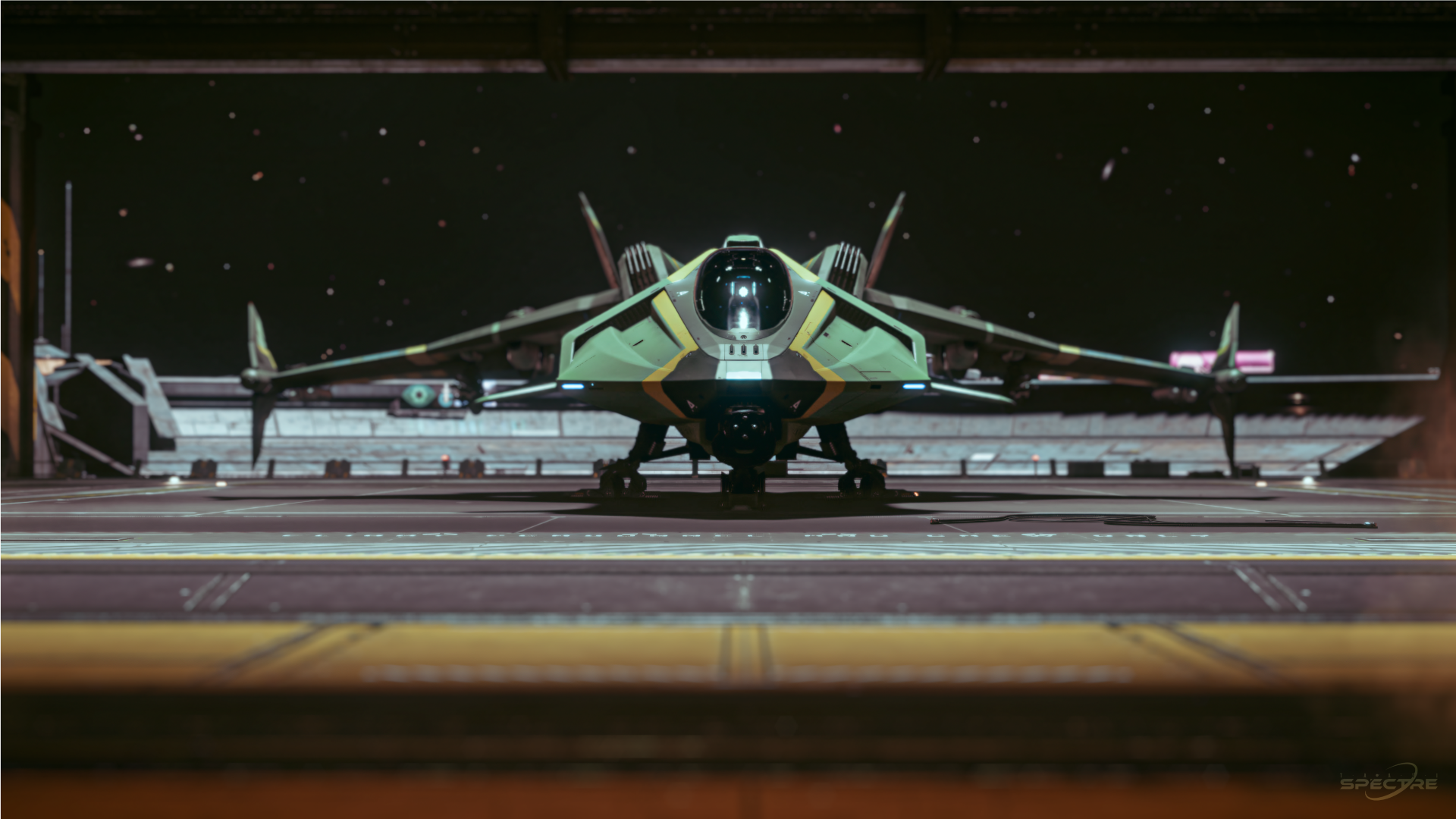 Front view of an Aegis Gladius light fighter in standard paint inside a hangar in Star Citizen