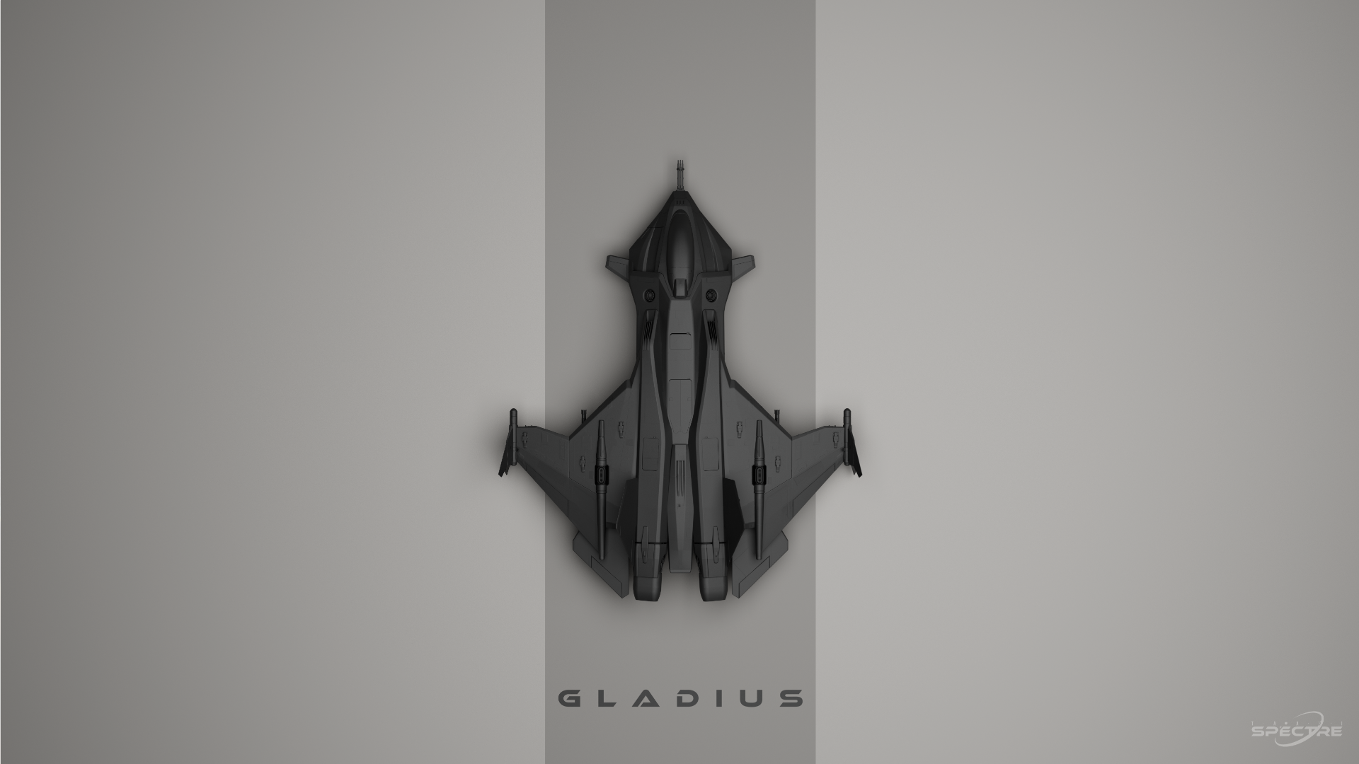 Top-down fanart 3D render of the Aegis Gladius from Star Citizen on a minimalist grey background with centered lighting.