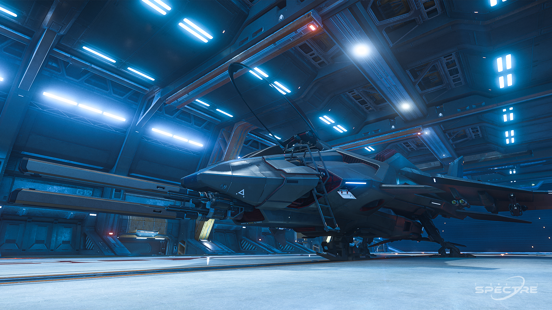 Star Citizen Aegis Gladius in Nightbreak paint parked inside an Idris hangar, lit by cool industrial panels and maintenance lighting.