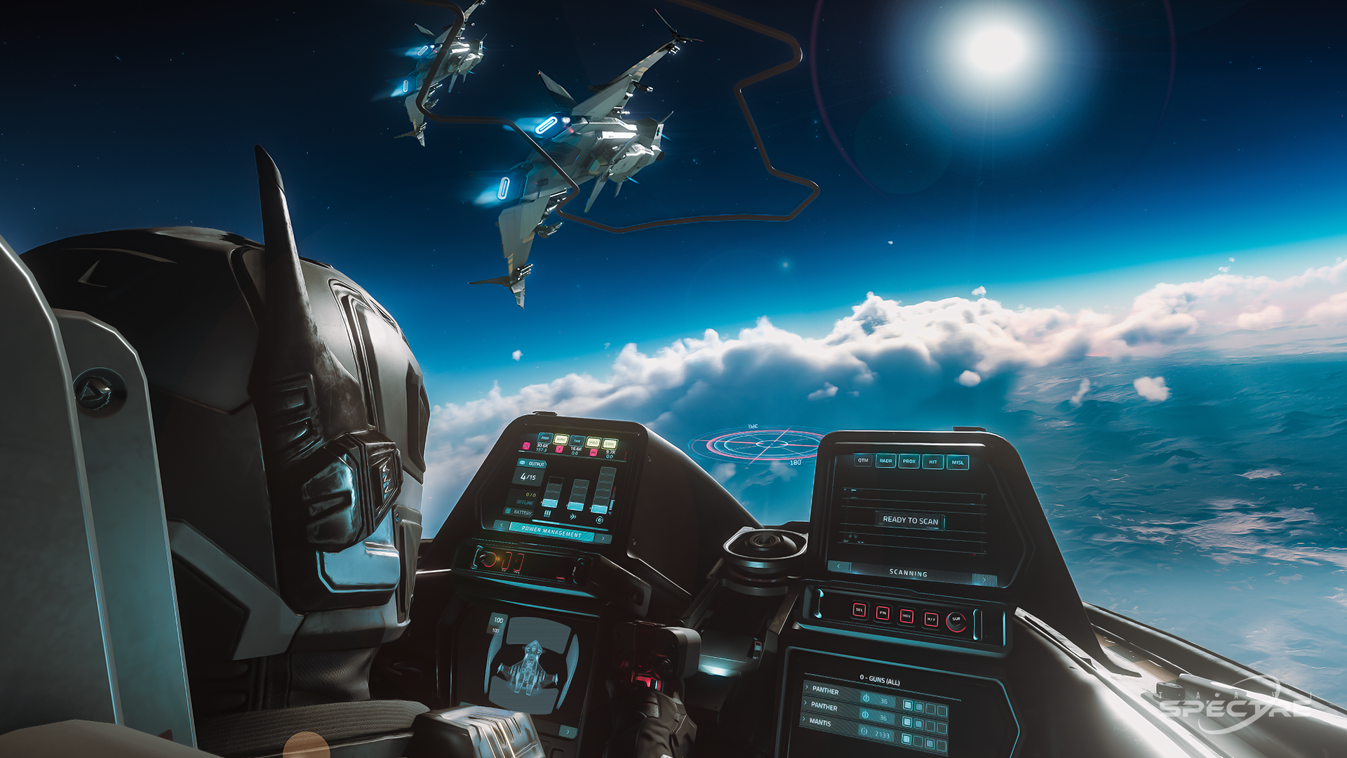 Cockpit view from an Aegis Gladius during formation flight with other fighters in Star Citizen