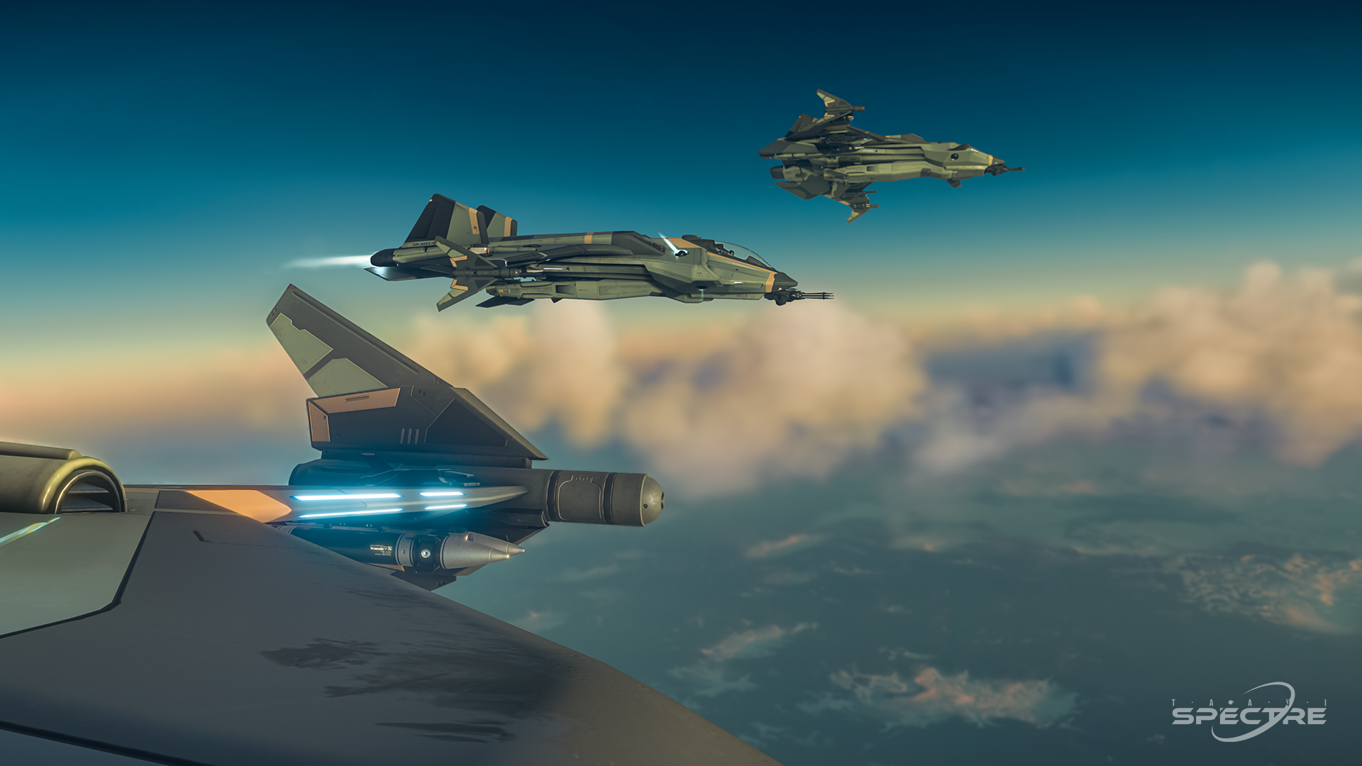 Aegis Gladius light fighters in standard paint flying in formation above clouds in Star Citizen