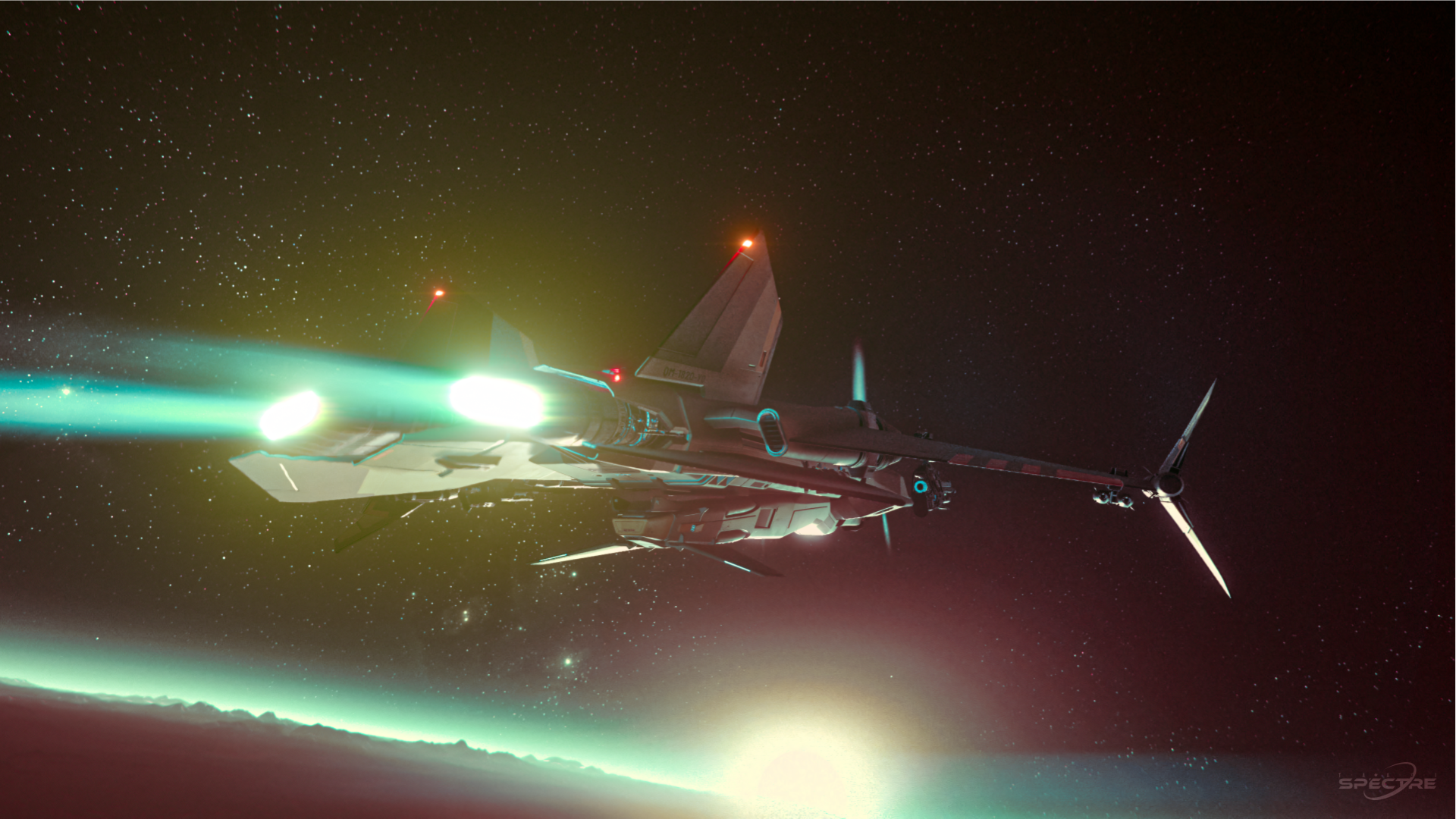 Rear view of the Aegis Gladius in Star Citizen flying through space with engines lit against a star-filled backdrop