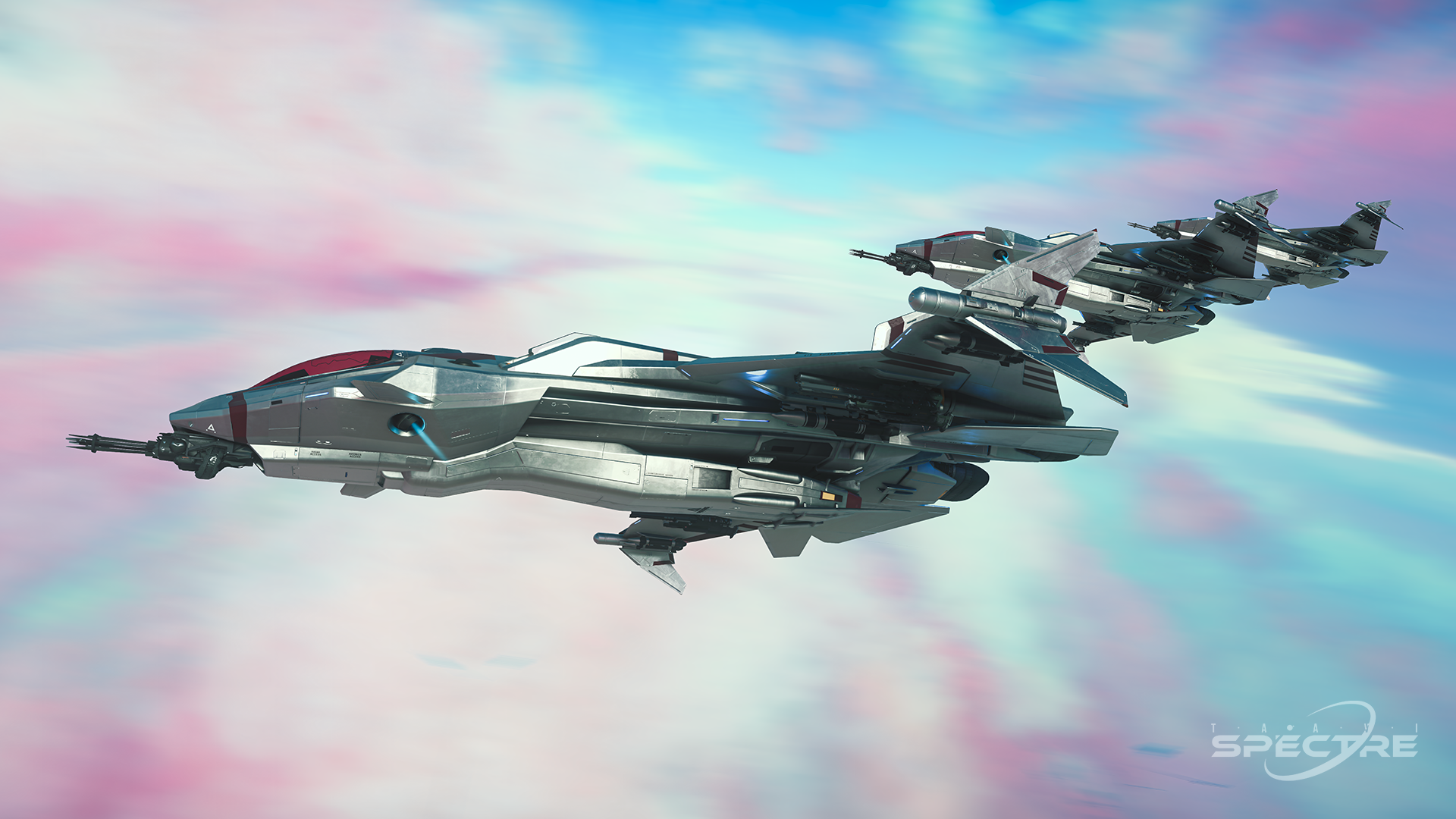 Three Aegis Gladius fighters in Star Citizen fly in tight formation with Solar Winds paint against a pastel cloudscape.
