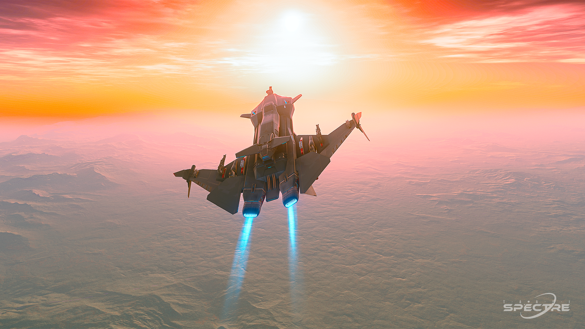 Aegis Gladius flying inverted above a planet at sunrise in Star Citizen, twin engine trails cutting through warm atmospheric light.