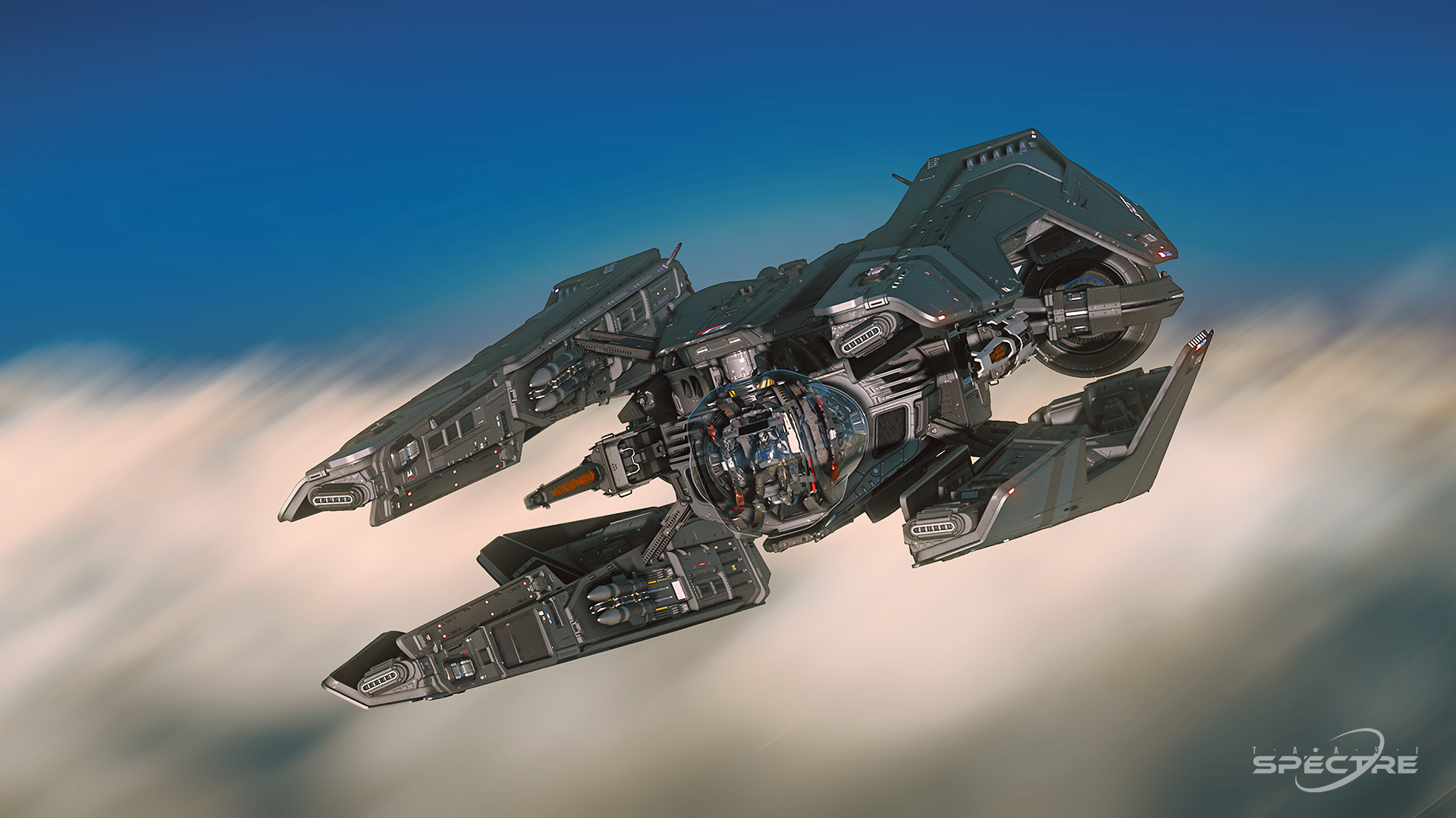 Aegis Eclipse stealth bomber in Meridian paint flying above clouds in Star Citizen