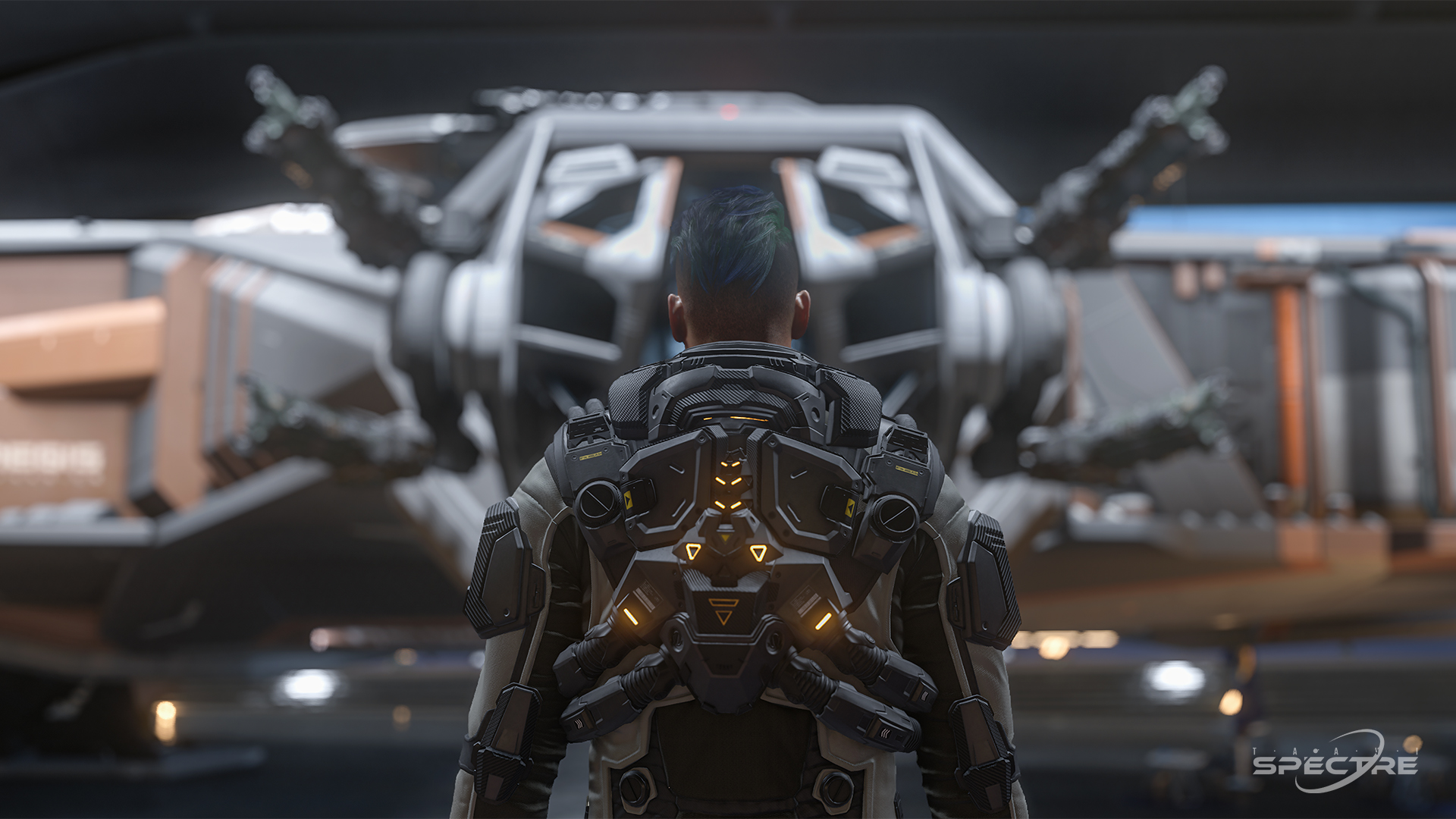 Star Citizen Hammerhead capital ship in standard paint with a person standing beneath a large side turret, emphasizing scale, armor depth, and ship mass.