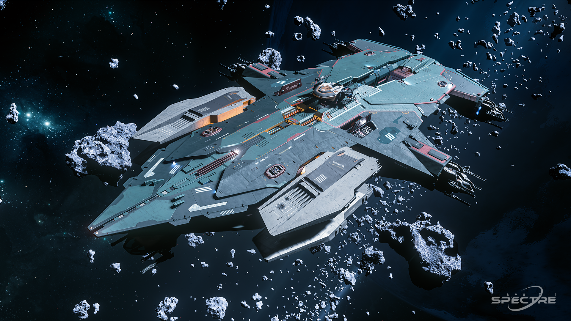 Star Citizen Hammerhead flying through an asteroid field in Ninetails paint, showing battle damage, layered armor plates, and heavy capital ship scale.