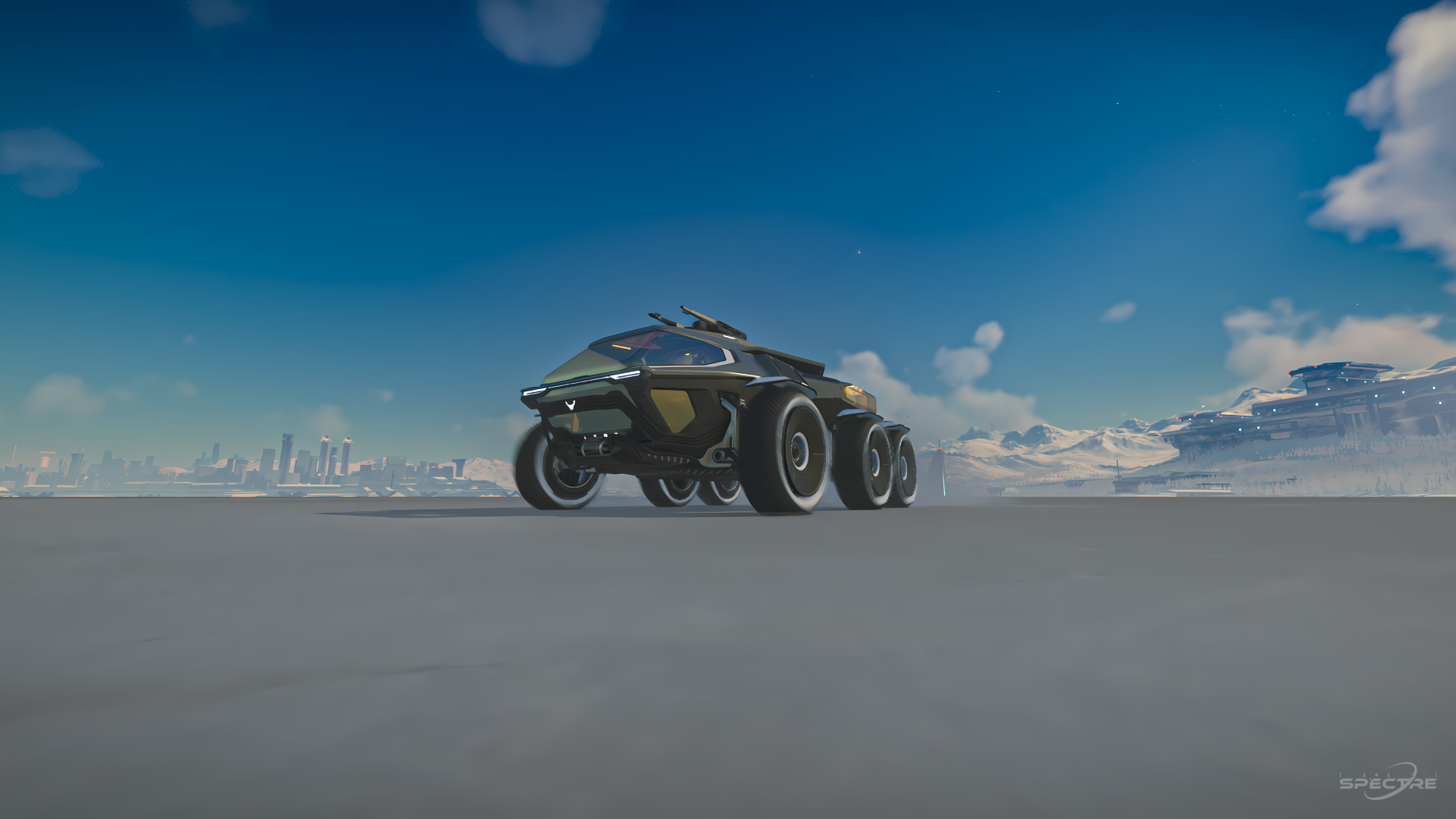 Aegis Gladius light fighter in Deck the Hull paint parked on a landing pad with open cockpit at sunset in Star Citizen