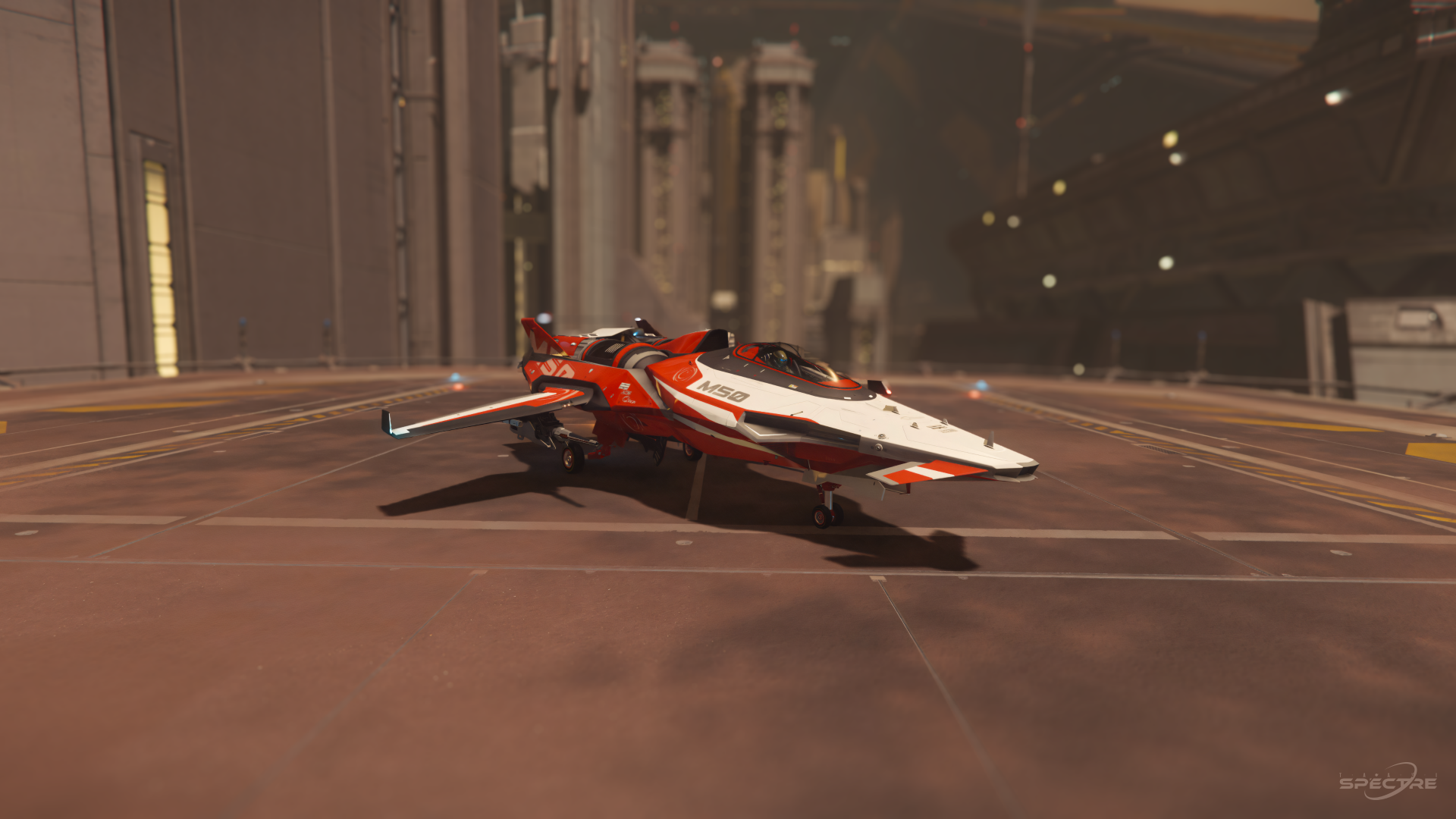Aegis Gladius light fighter in Deck the Hull paint parked on a landing pad with open cockpit at sunset in Star Citizen