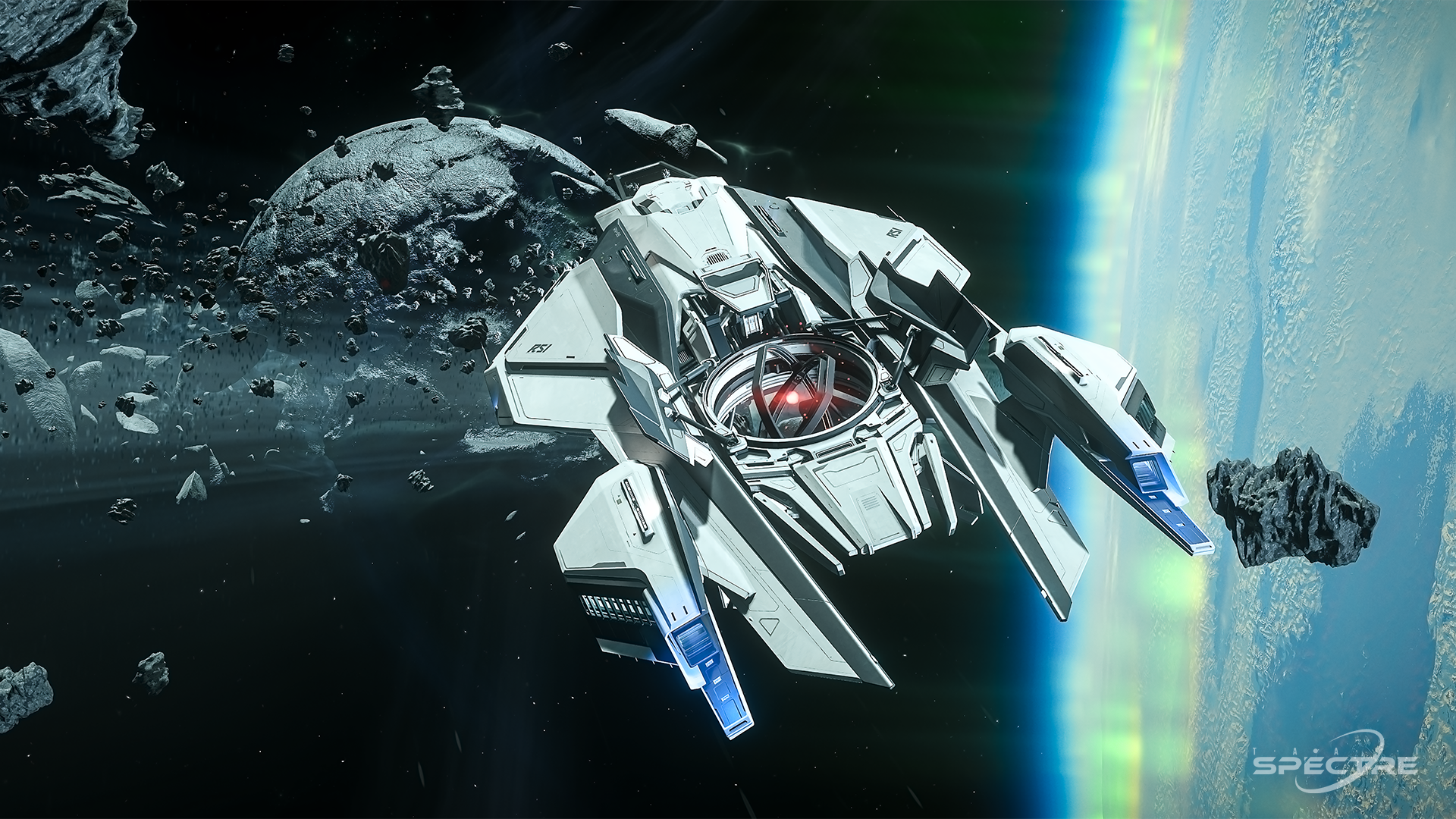 Aegis Gladius light fighter in Deck the Hull paint parked on a landing pad with open cockpit at sunset in Star Citizen