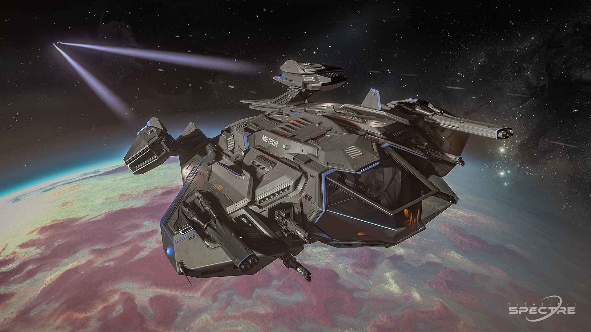 Aegis Gladius light fighter in Deck the Hull paint parked on a landing pad with open cockpit at sunset in Star Citizen