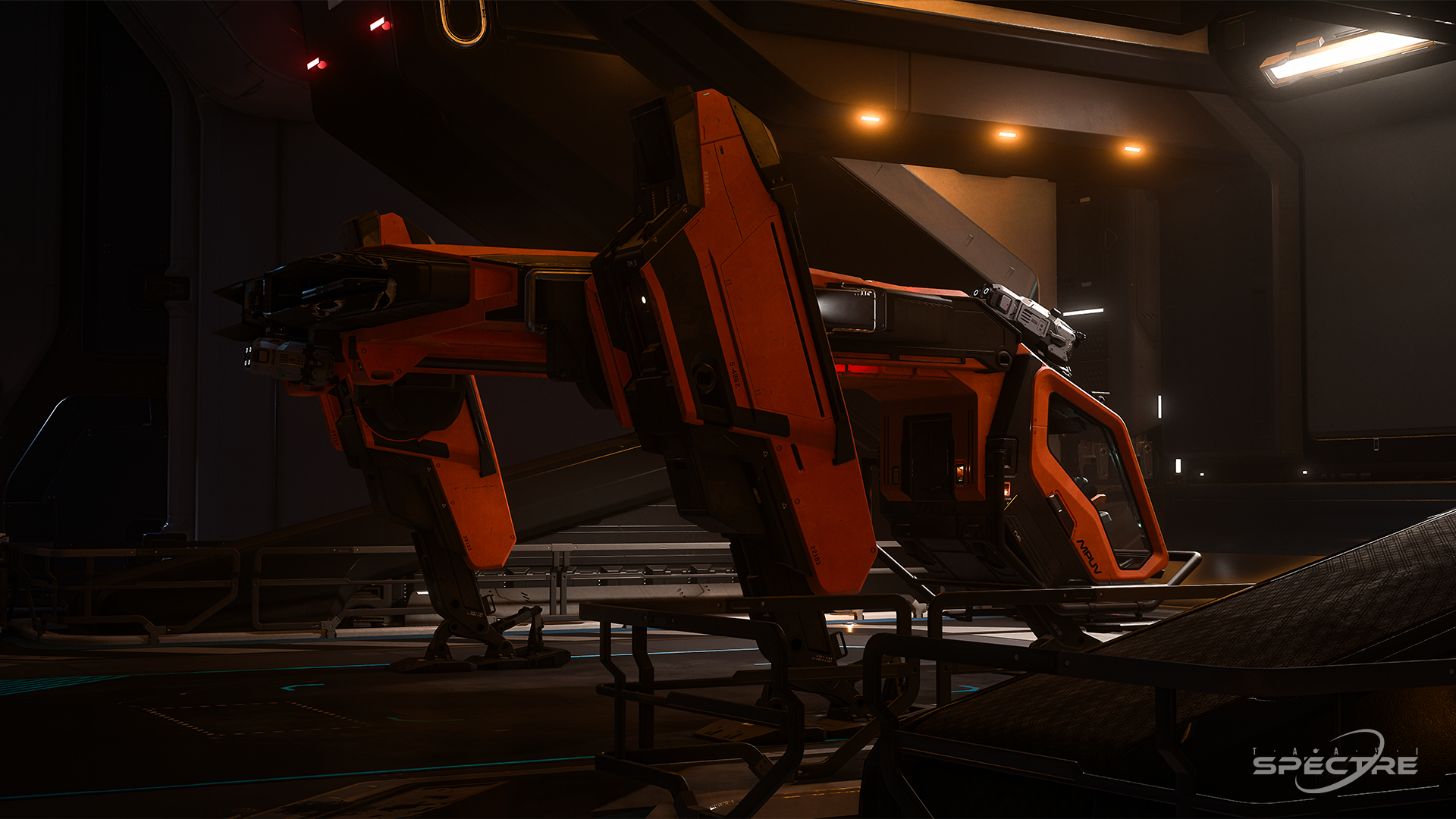 Aegis Gladius light fighter in Deck the Hull paint parked on a landing pad with open cockpit at sunset in Star Citizen