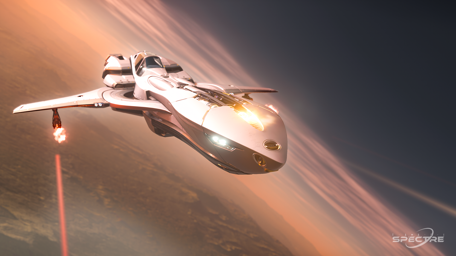 Aegis Gladius light fighter in Deck the Hull paint parked on a landing pad with open cockpit at sunset in Star Citizen