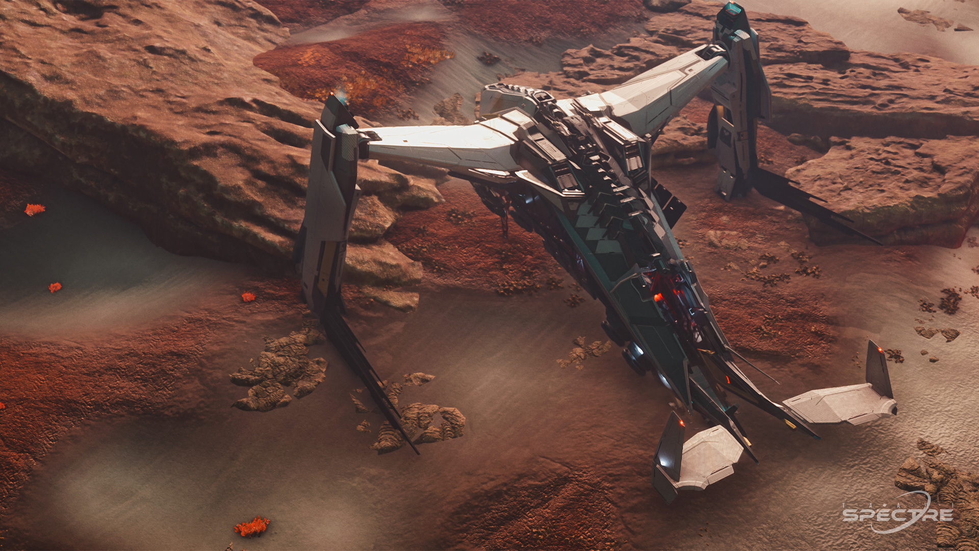 Aegis Eclipse stealth bomber in Meridian paint flying above clouds in Star Citizen