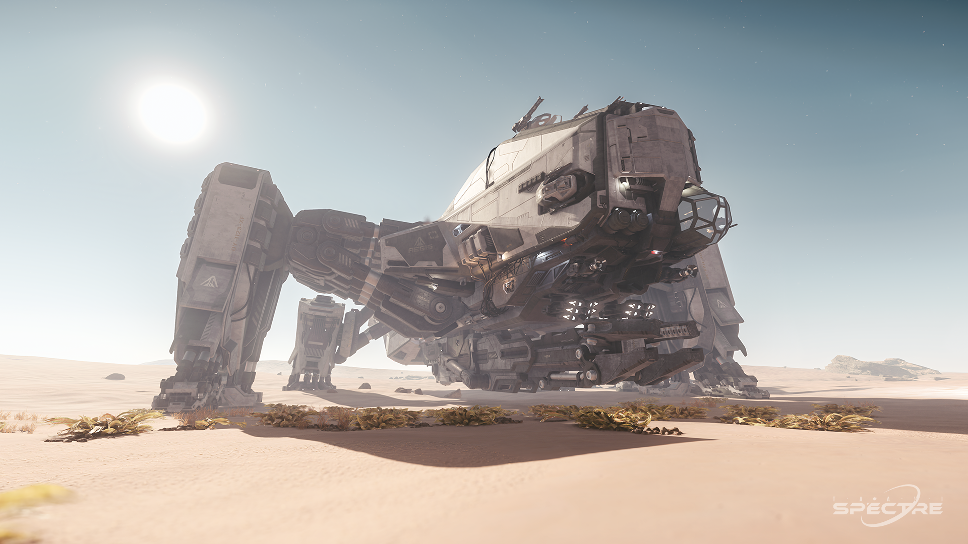 Aegis Reclaimer landed on Daymar in Star Citizen, captured in bright desert light with the massive salvage ship resting on its articulated landing legs.