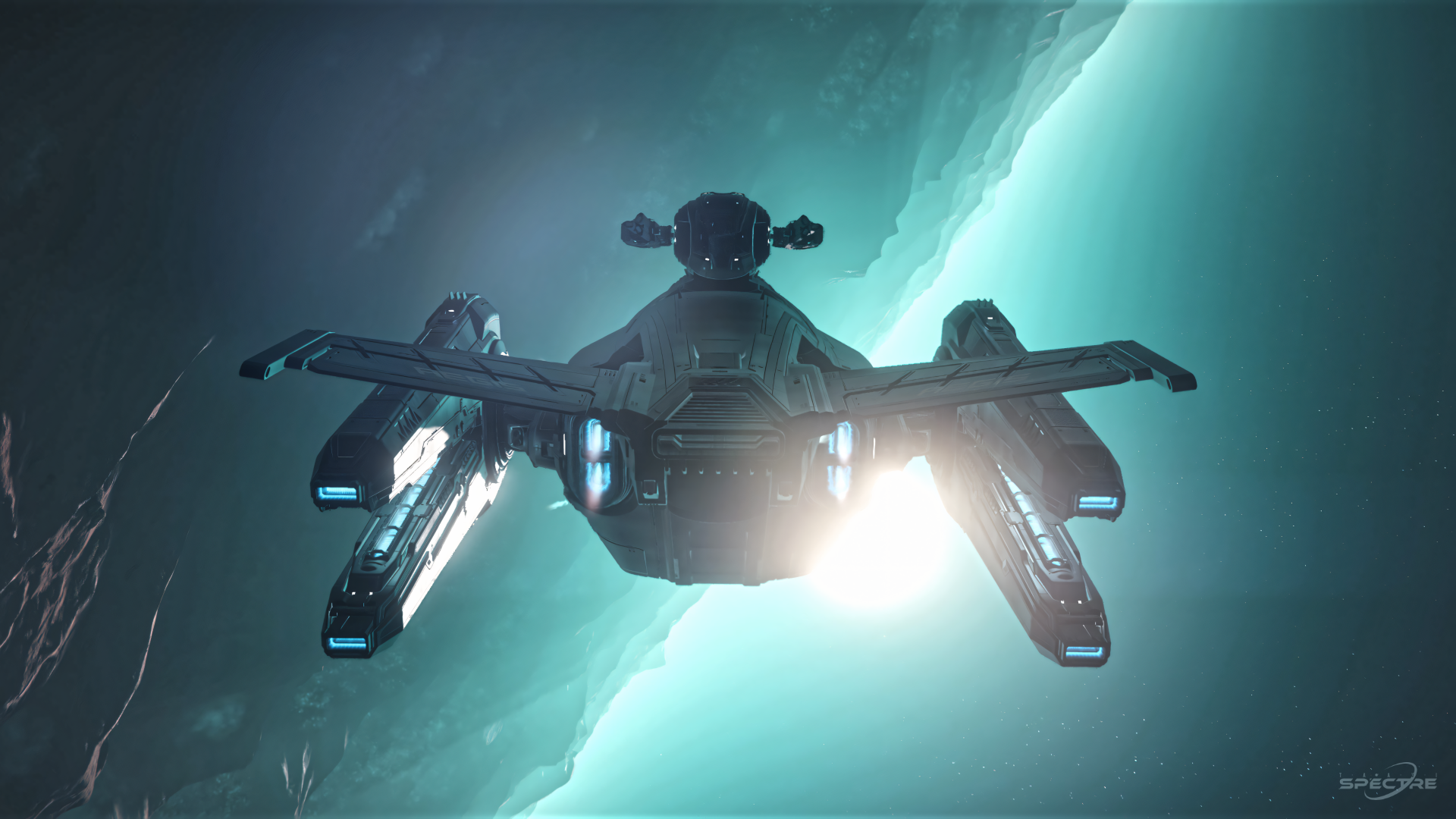 Aegis Redeemer gunship in Star Citizen seen from behind, engines glowing as it flies through teal-lit space near a planetary limb.