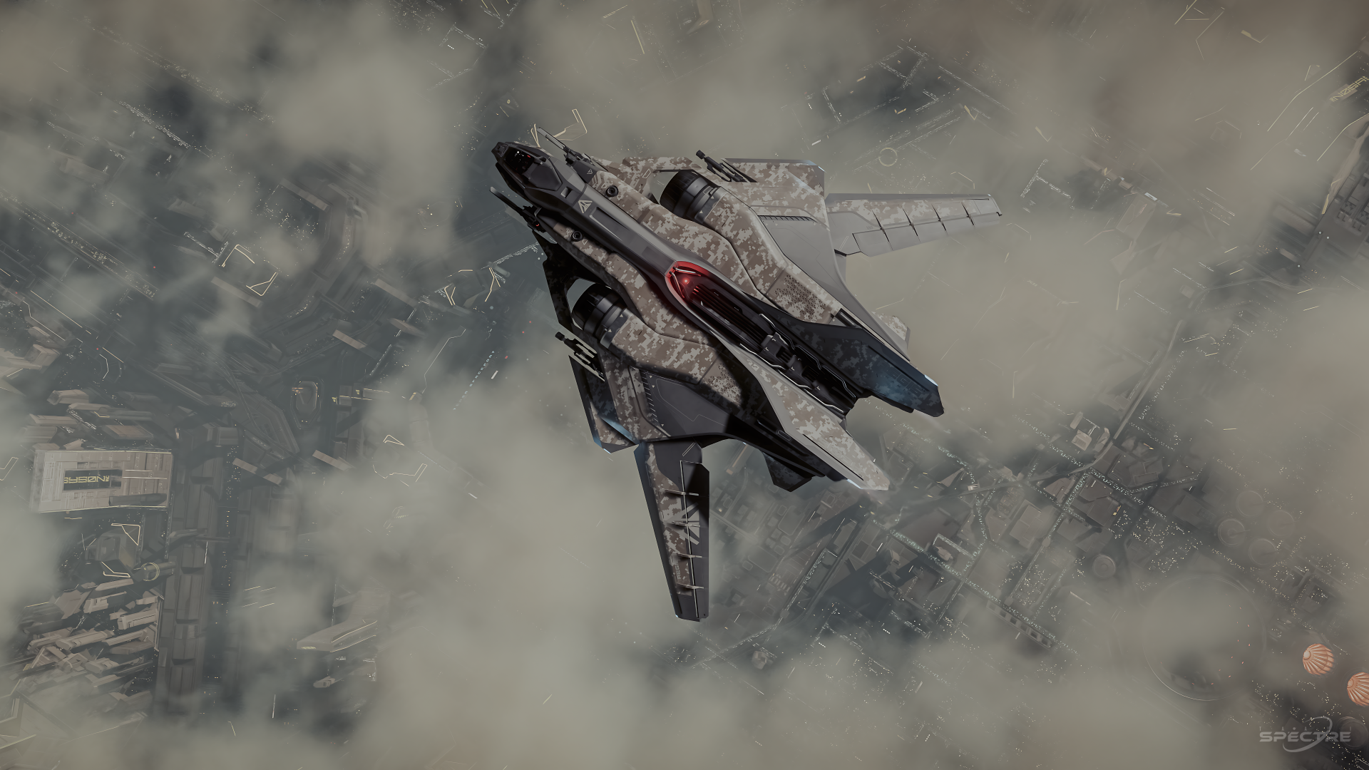 Star Citizen Sabre Comet by Aegis Dynamics flying above cloud cover, showcasing its angular silhouette and atmospheric scale in a cinematic composition.