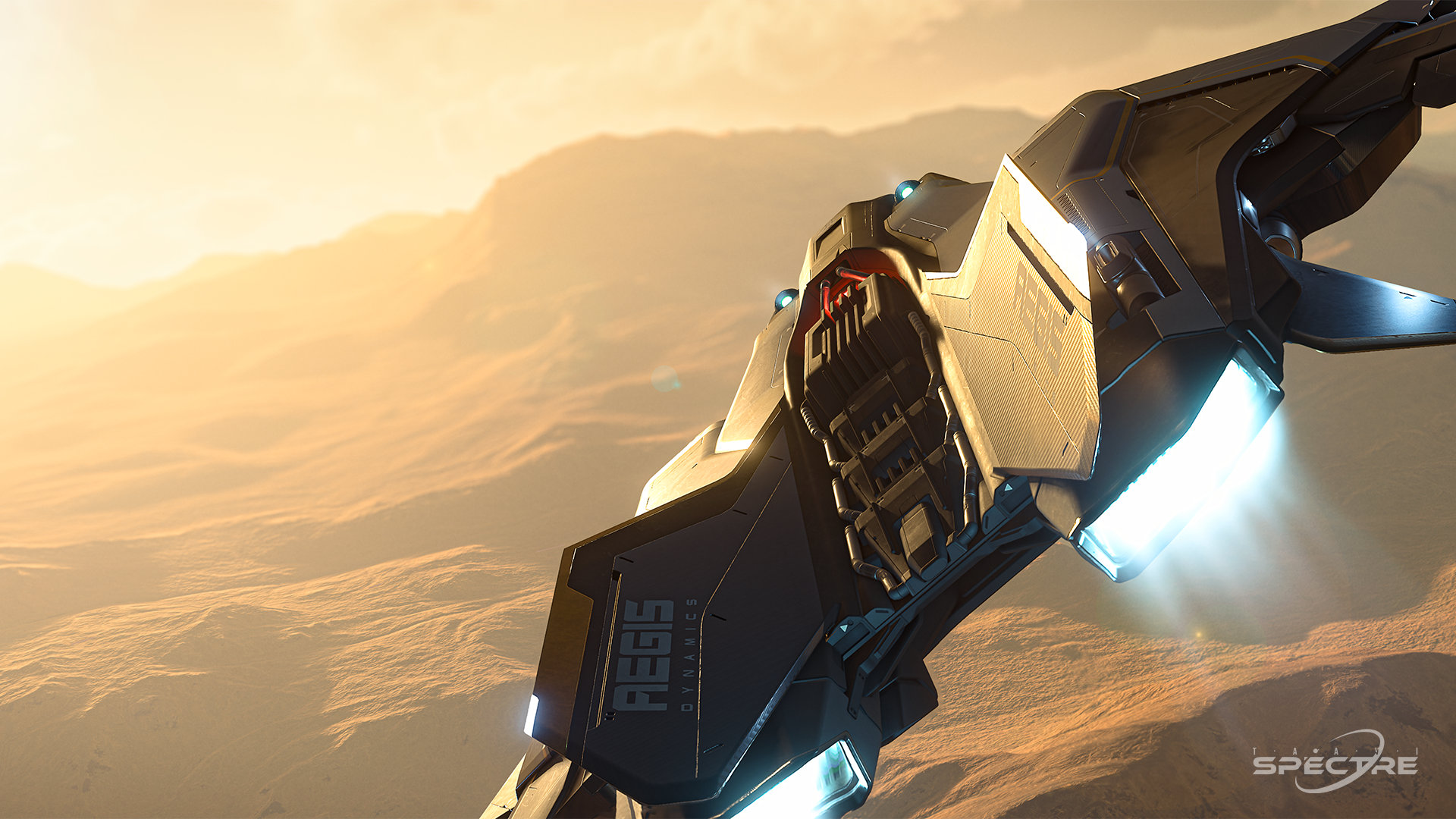 Star Citizen Sabre Comet by Aegis Dynamics flying through dense atmospheric ash, with rear engines illuminated against a muted, cinematic background.